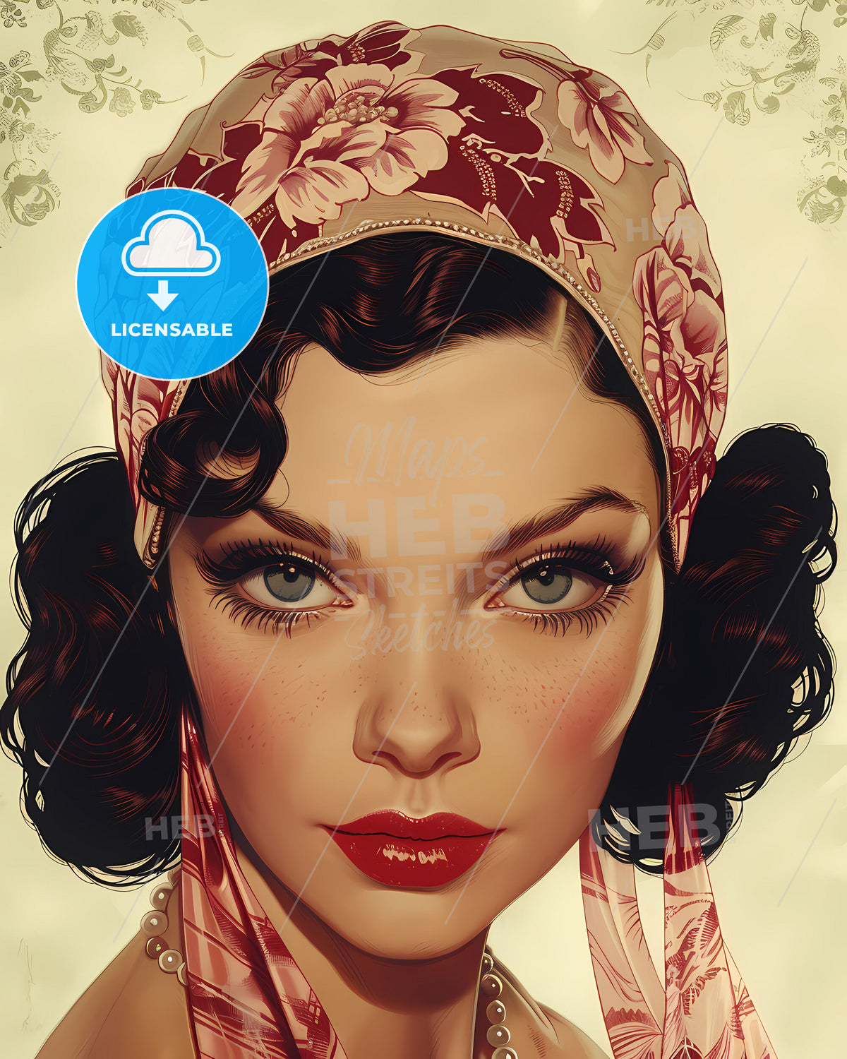 Captivating 1930s Screen Starlet Portrait: Vibrant Art Deco Glamour with Head Scarf