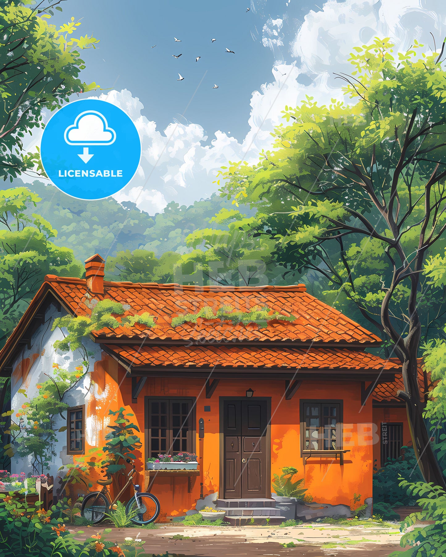 Vibrant Art Painting: House with Trees, Buildings, Roads, Kiosks, Cycles, Clean Background, Simplicity