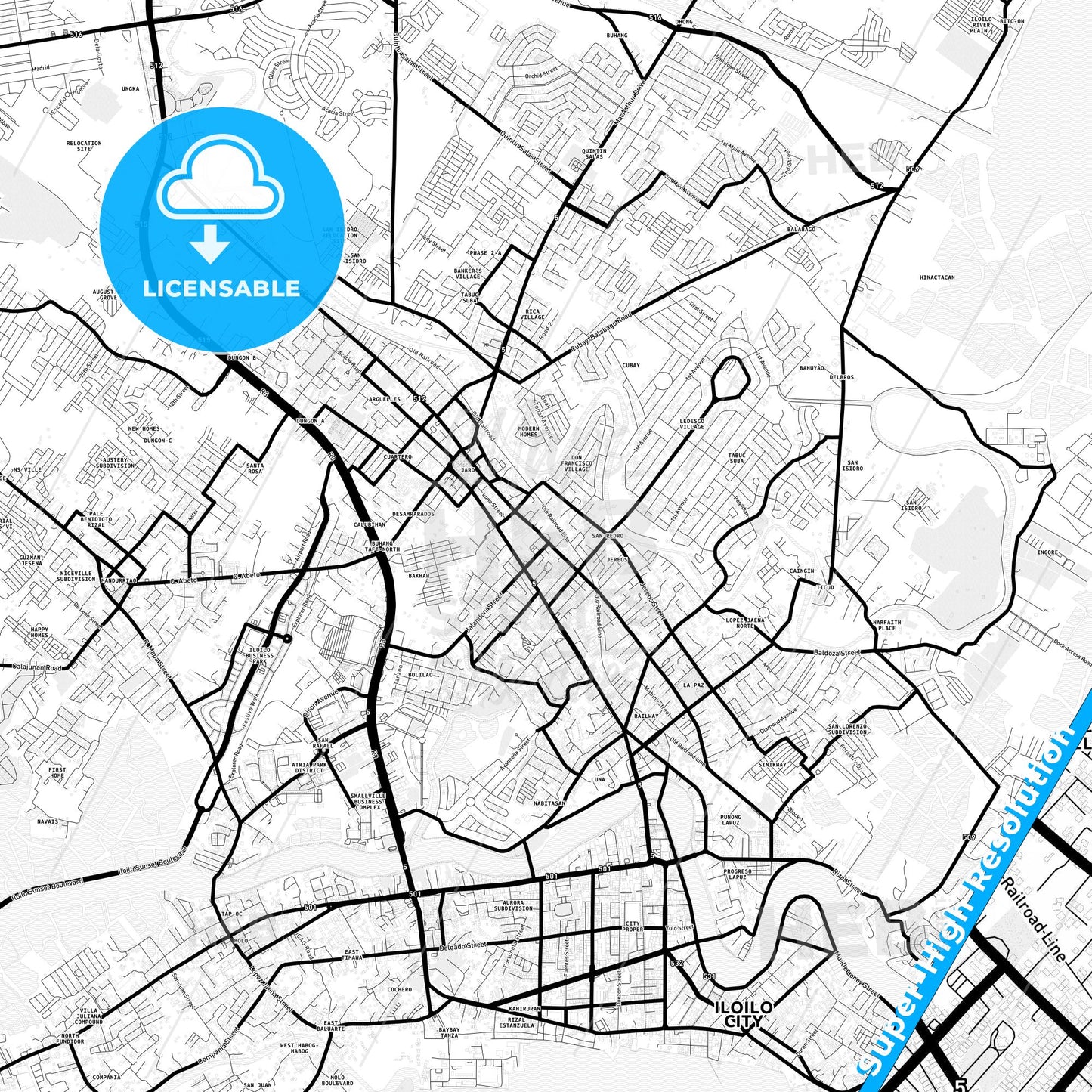 Iloilo City, Philippines Light Map with Street Names, City Names, and Districts