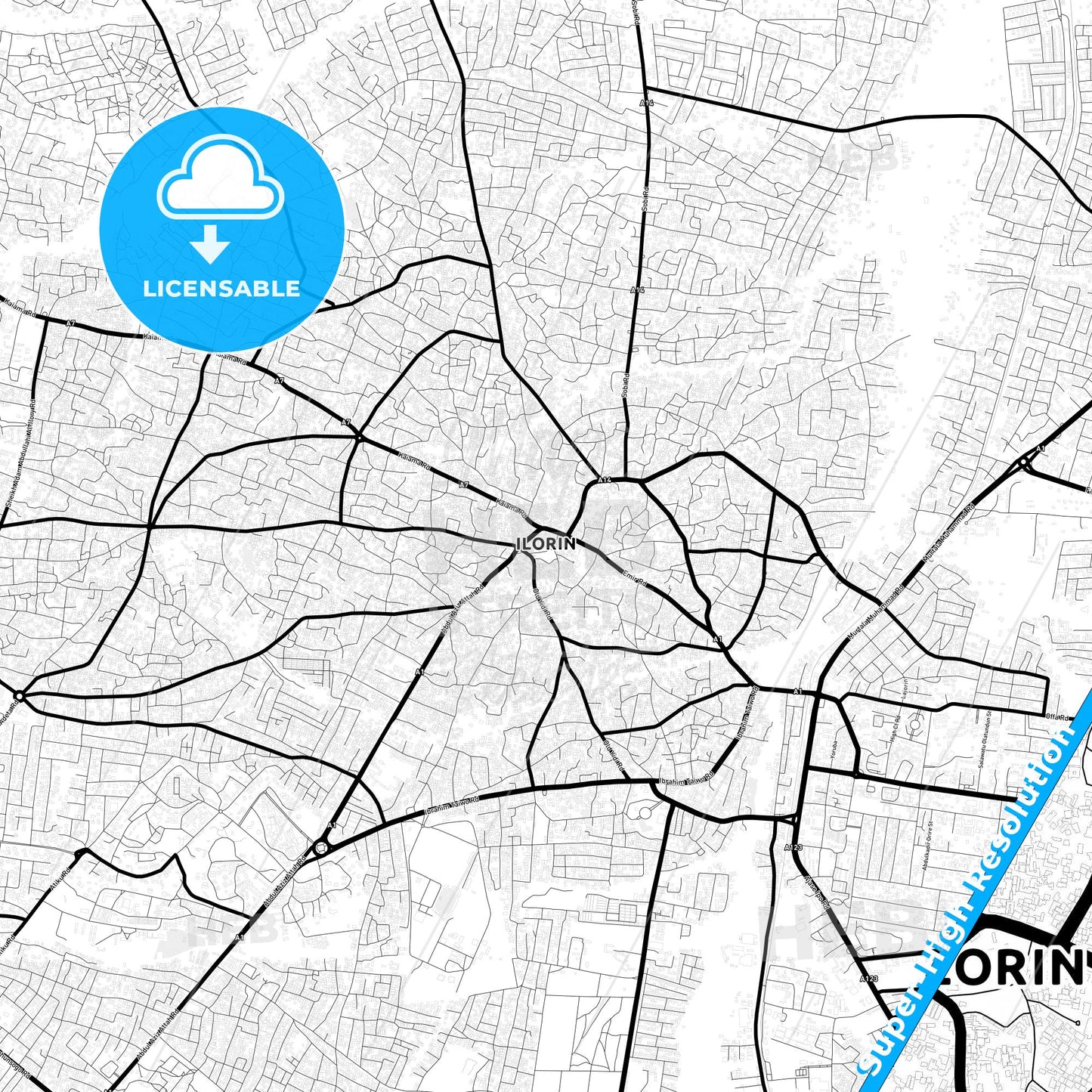 Ilorin, Nigeria Light Map with Street Names, City Names, and Districts