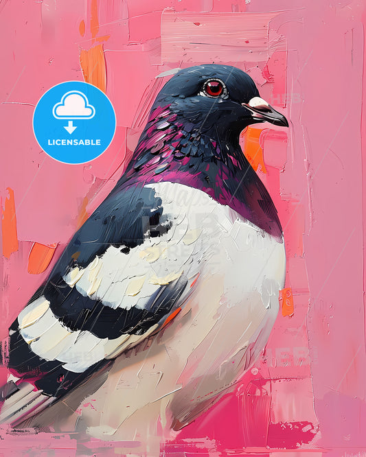 Vivid Impressionist Painting of a Pigeon in Vibrant Hues on a Pink Canvas