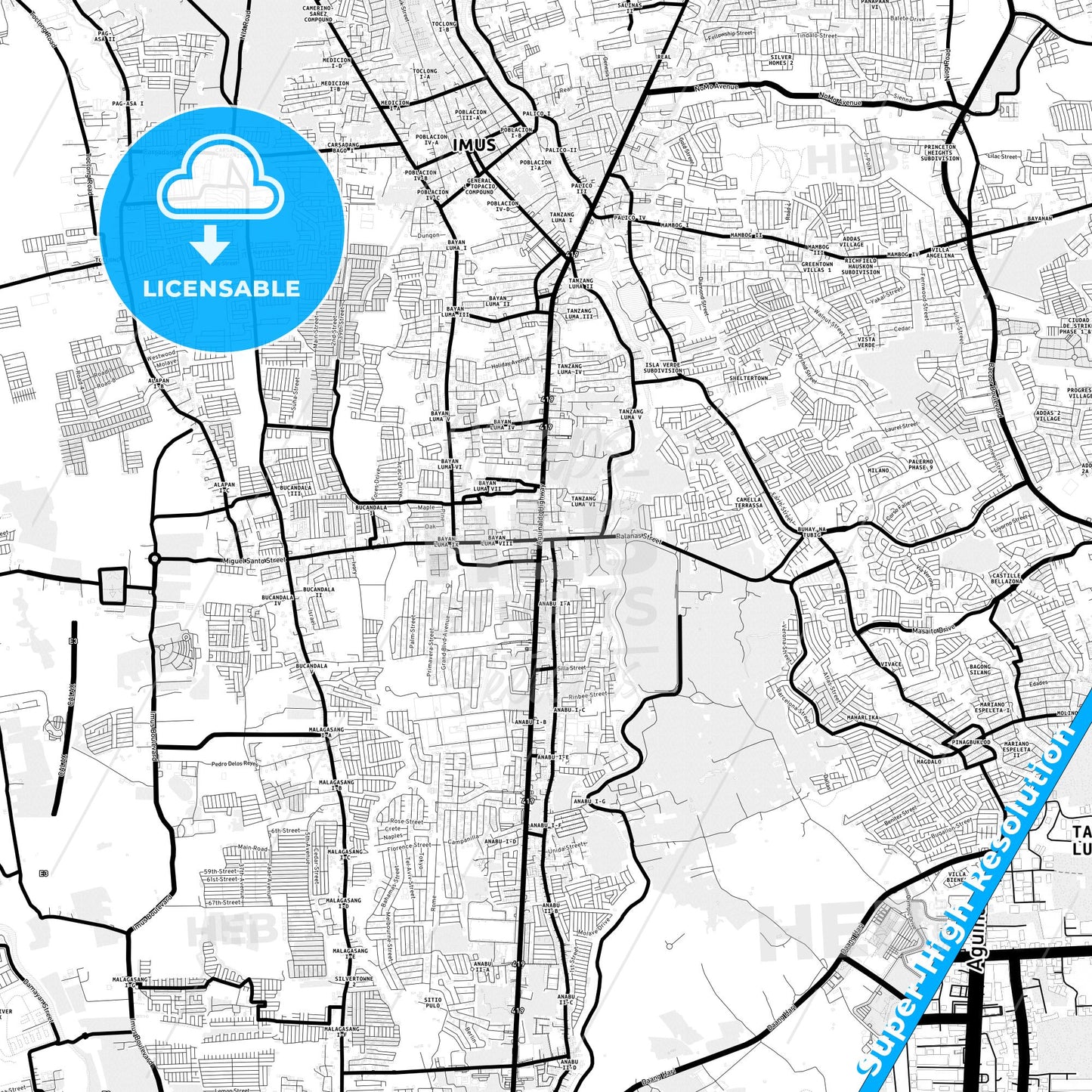 Imus, Philippines Light Map with Street Names, City Names, and Districts