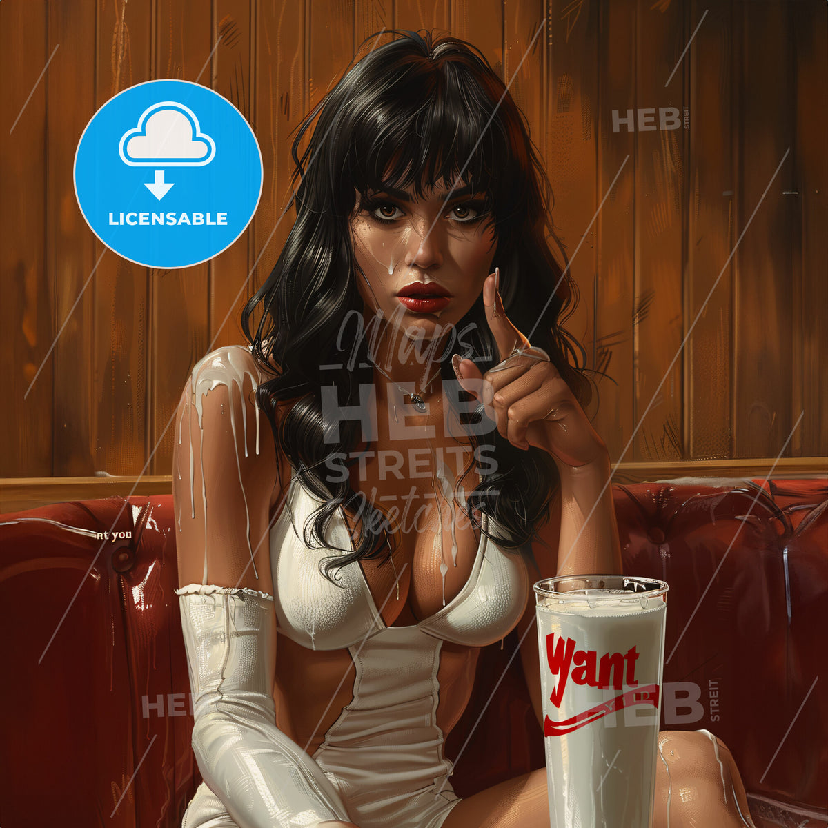 In The Style Of "I Want You" Uncle Sam - A Woman Sitting On A Couch With Milk