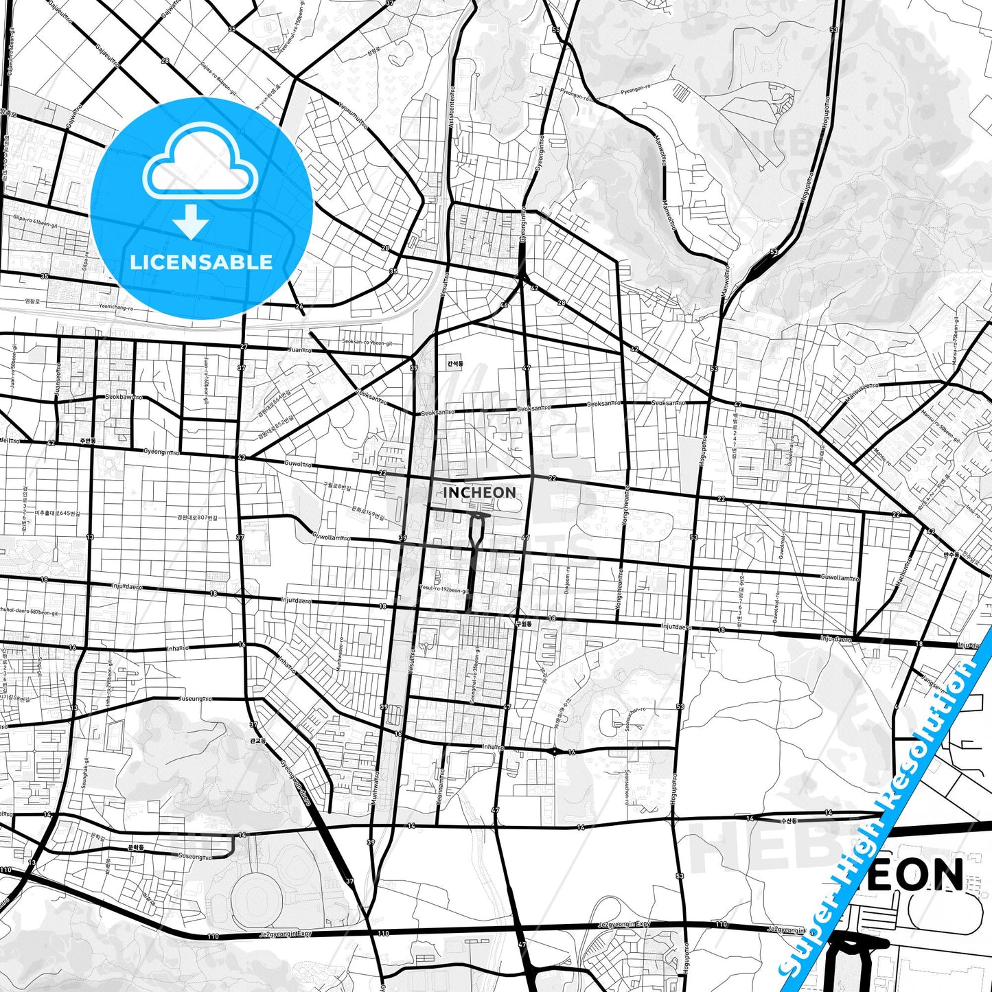 Incheon, South Korea Light Map with Street Names, City Names, and Districts