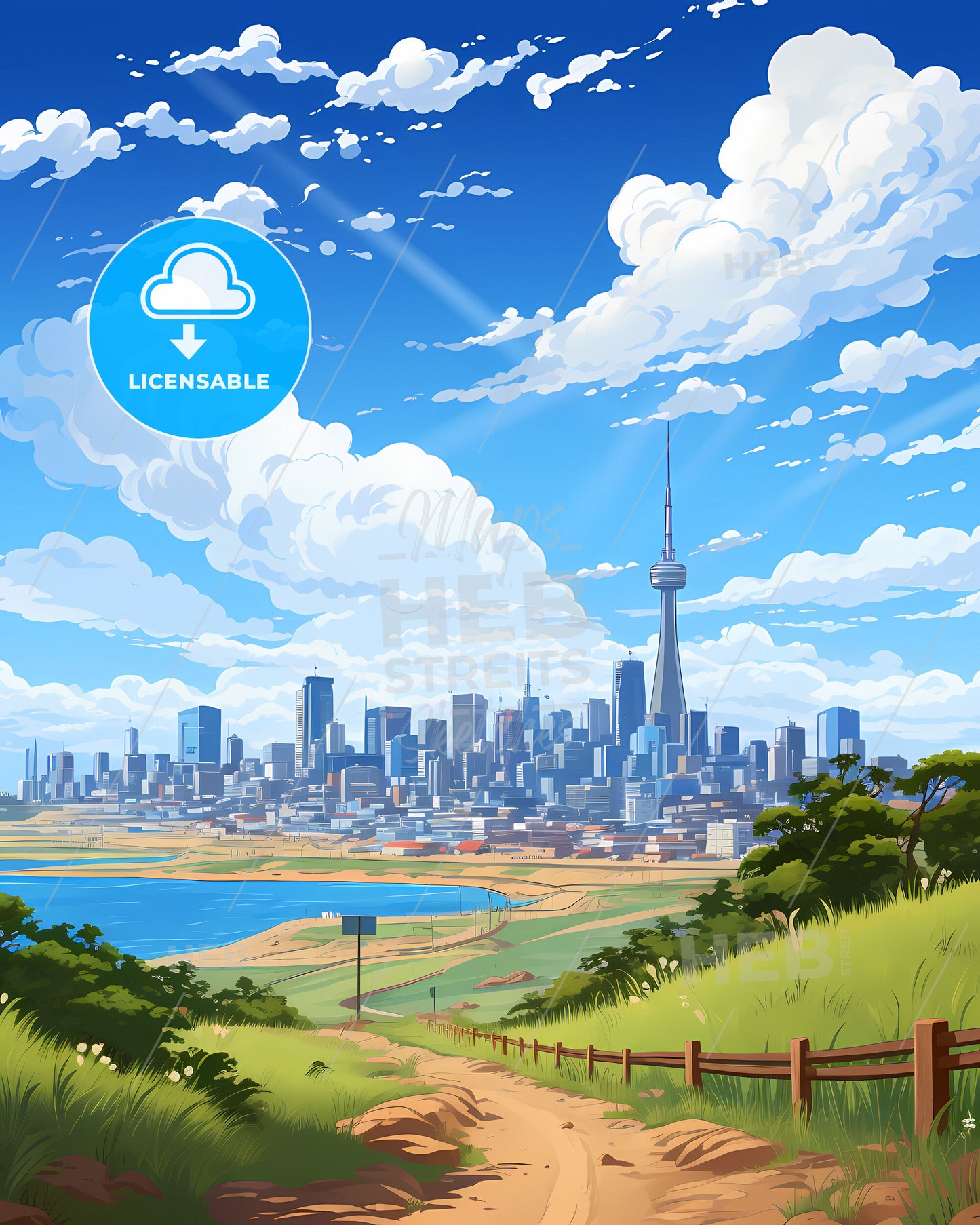 Artistic Incheon South Korean Skyline Cityscape Painting Embracing Waterway and Fence