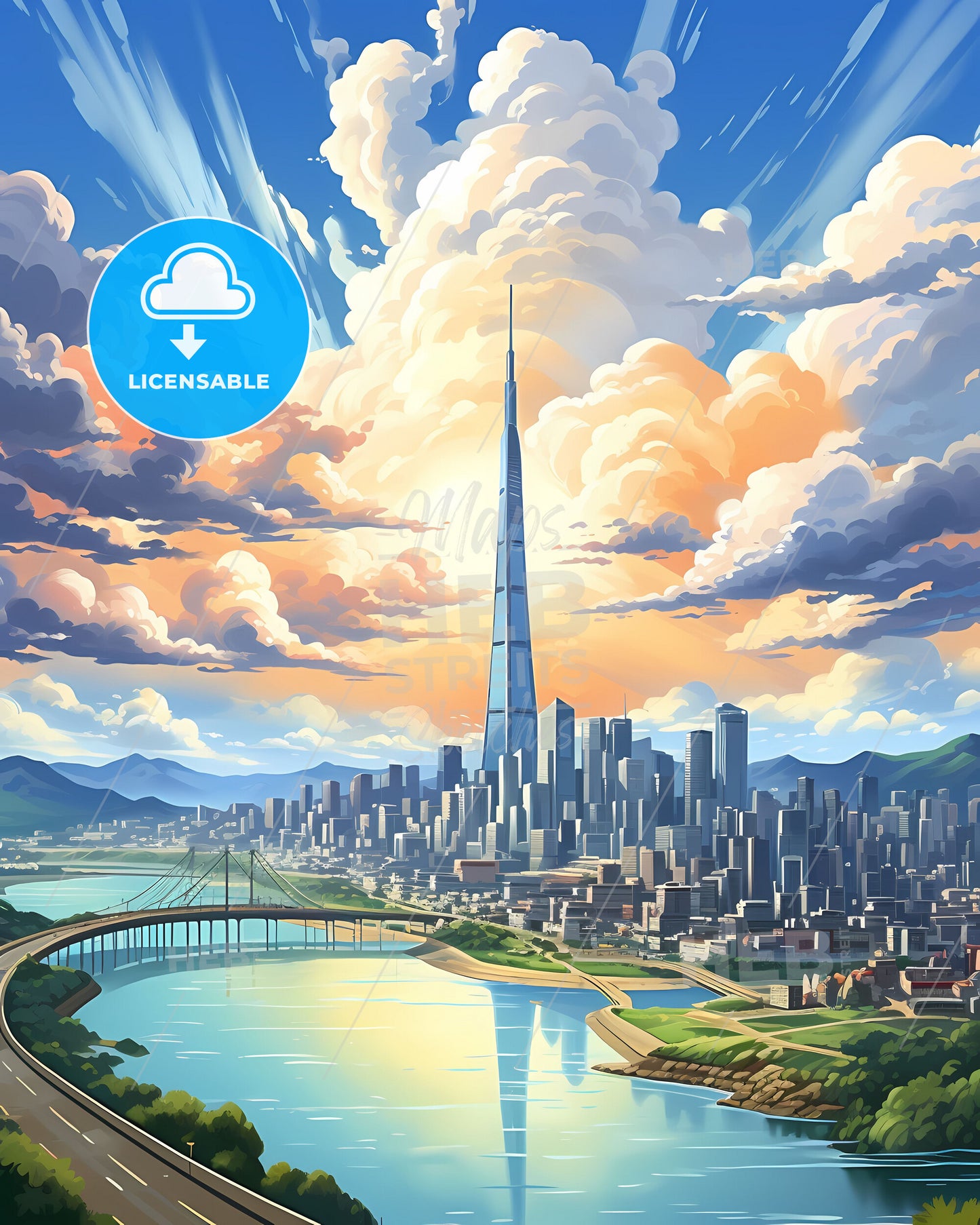 Vibrant Painting of Incheon Skyline with Bridge and Architecture