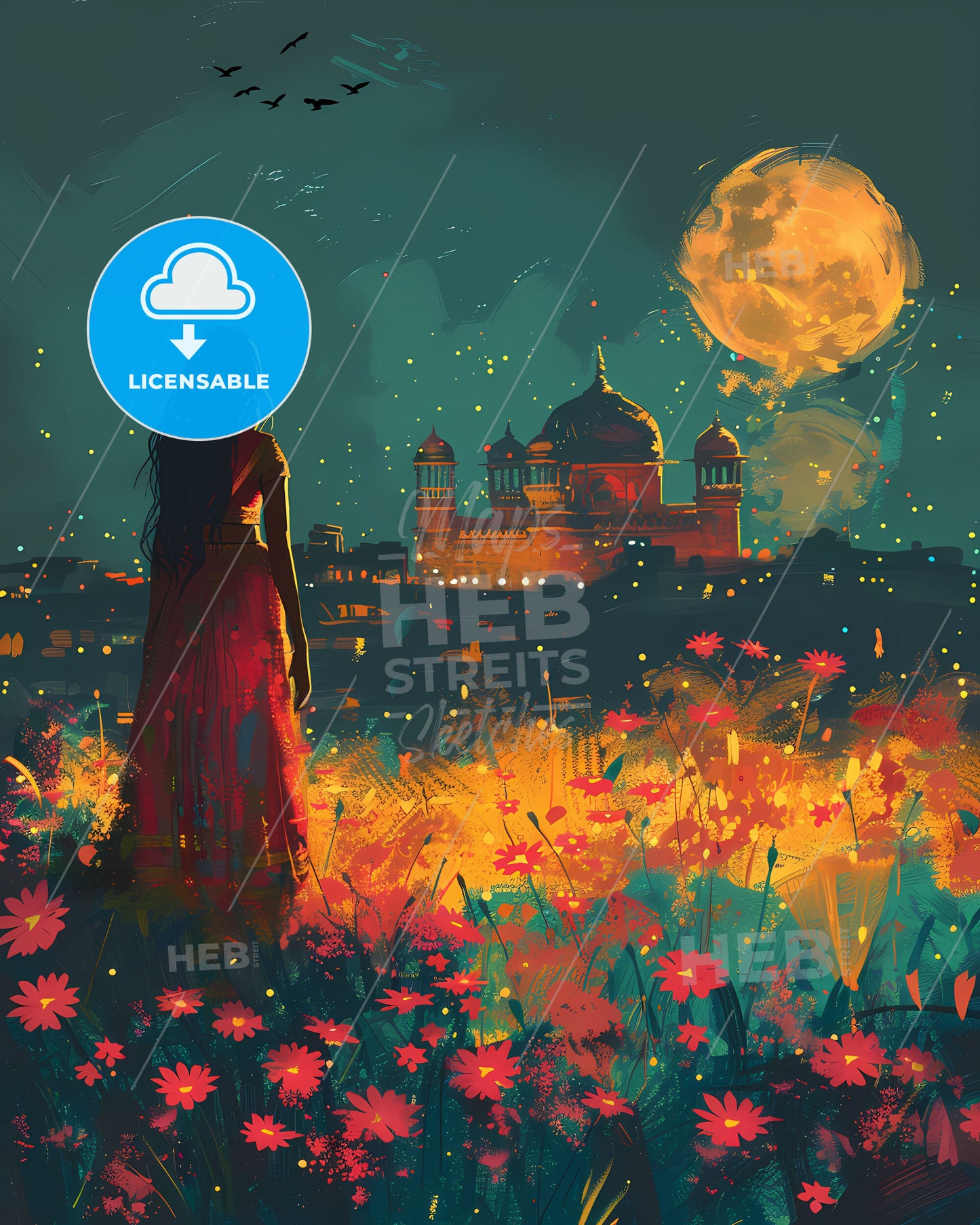 Vibrant Indian Painting of a Woman in Red Dress Amidst Colorful Field of Flowers