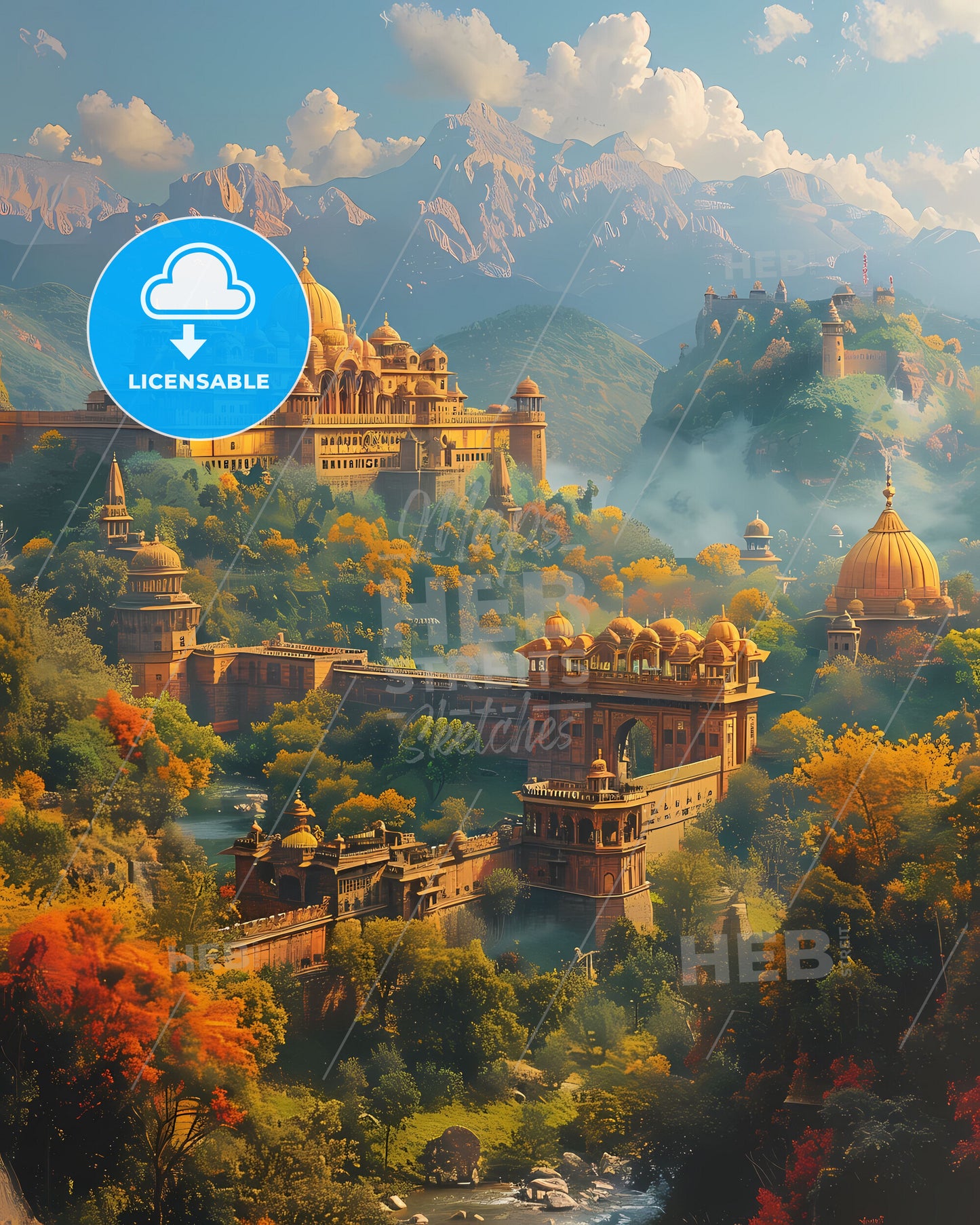 Vibrant Indian Art: Intricate Painting of a Mountainous Castle in South Asia