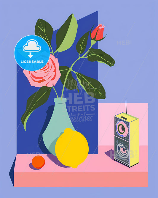 Indie risograph fine art print, lemon and rose still life, geometric shapes, blue background, pop art, minimal, defined outlines and shadowing