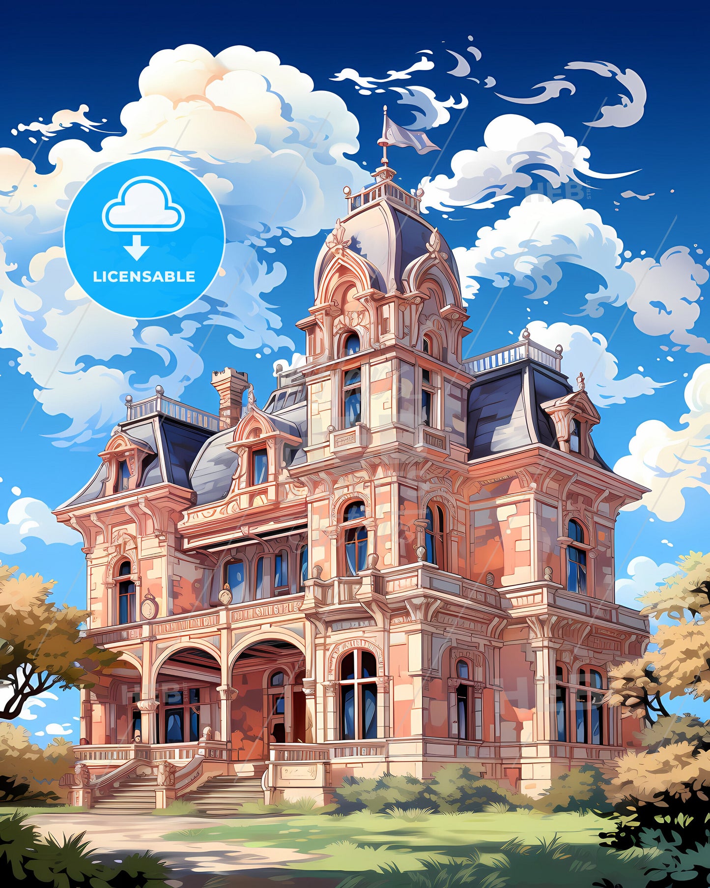 Lively Artwork Depicting the Colorful Skyline of Indore, India with a Vibrant Pink Building Under a Clear Blue Sky and White Clouds