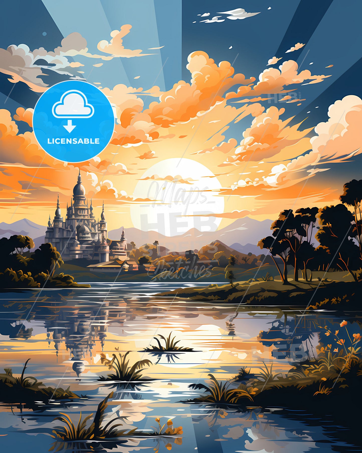 Indore India Skyline Cityscape City Art Artistic Painting Canvas Artwork Color Lake River Castle Landmark