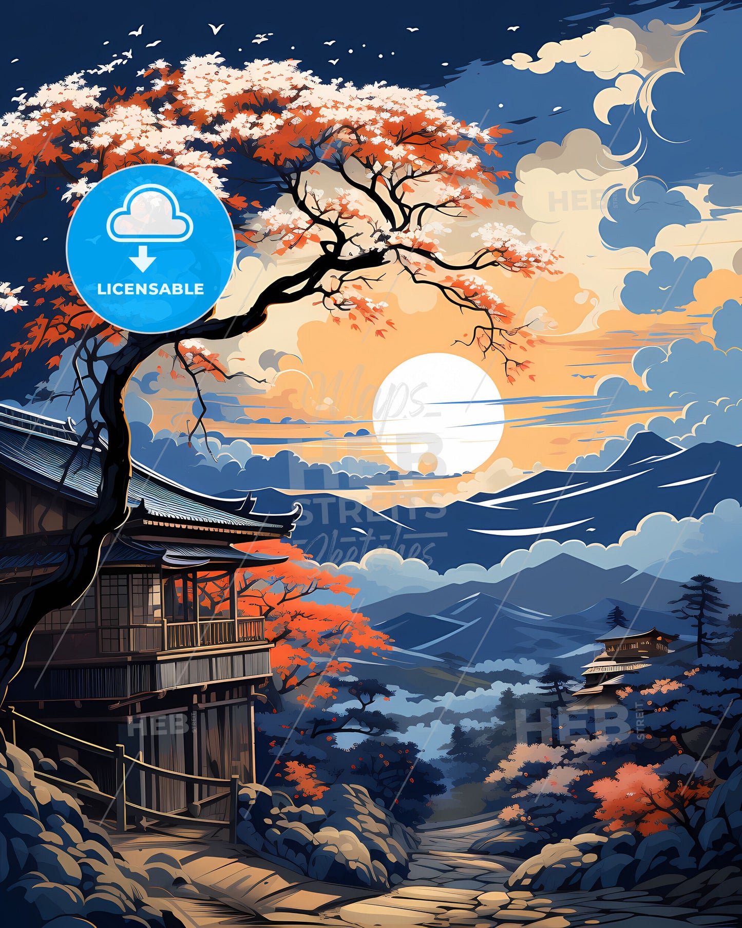 Vibrant Painting of Indore India Skyline Featuring Building and Tree in Front of Mountains