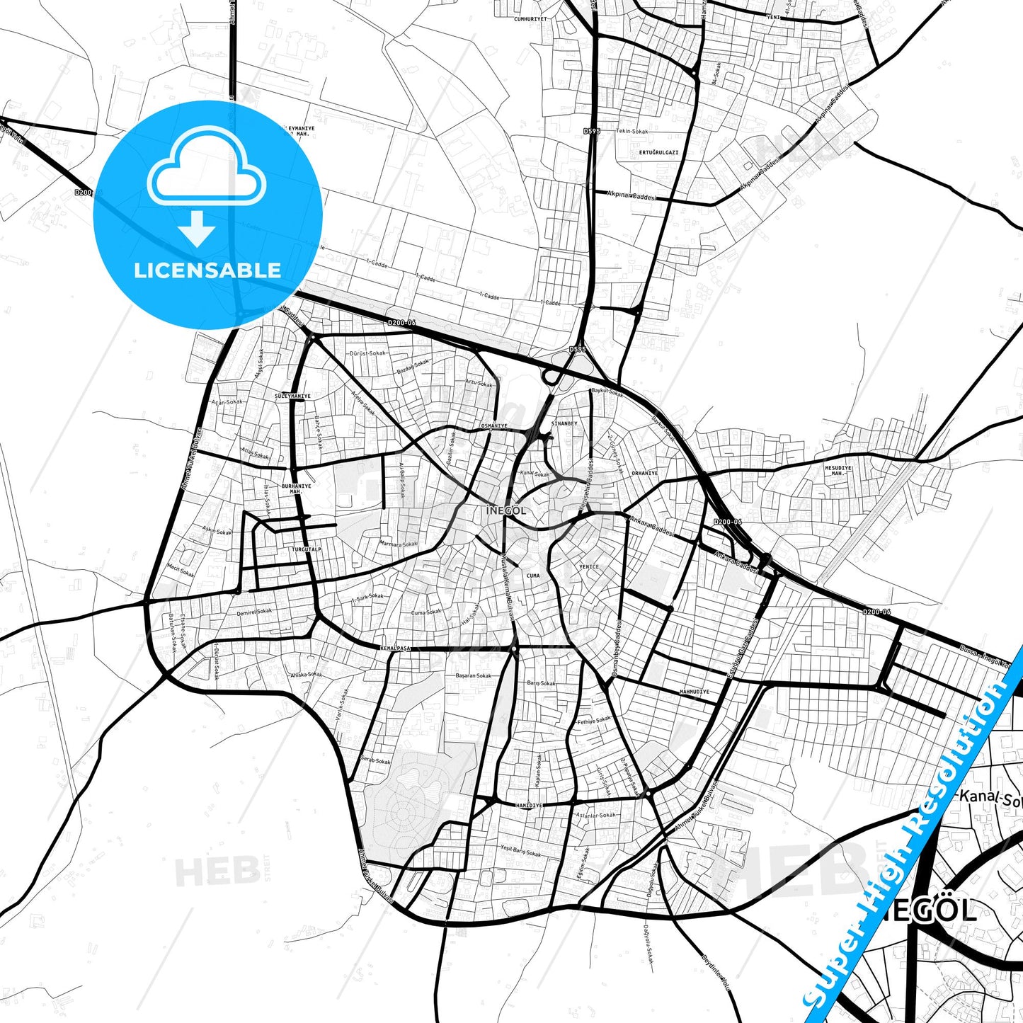 İnegöl, Turkey Light Map with Street Names, City Names, and Districts