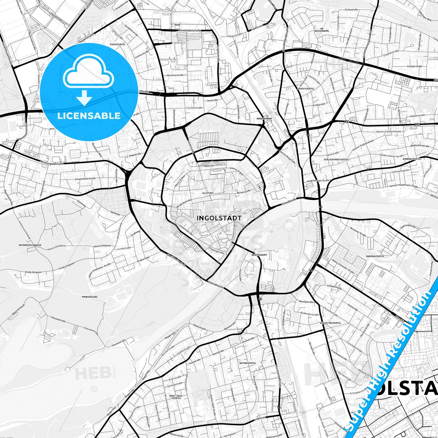 Ingolstadt, Germany Light Map with Street Names, City Names, and Districts