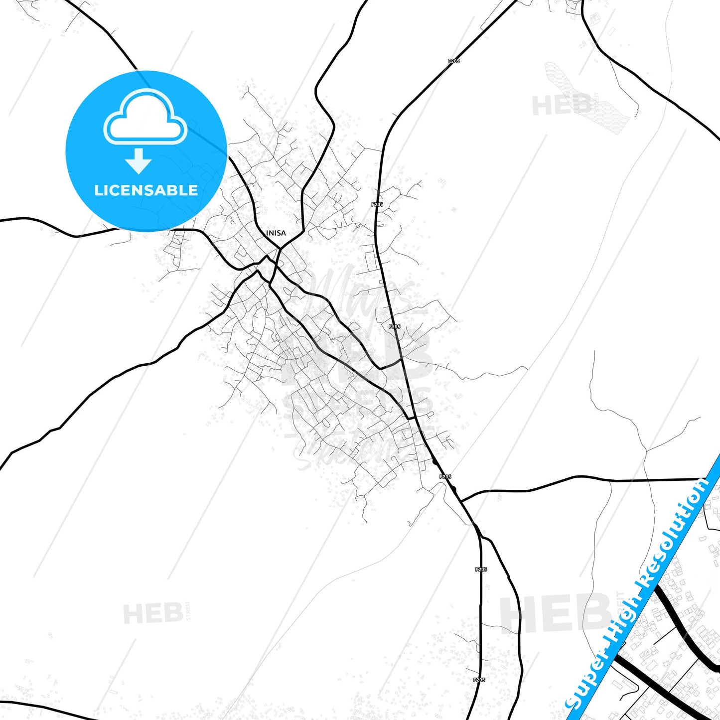 Inisa, Nigeria Light Map with Street Names, City Names, and Districts