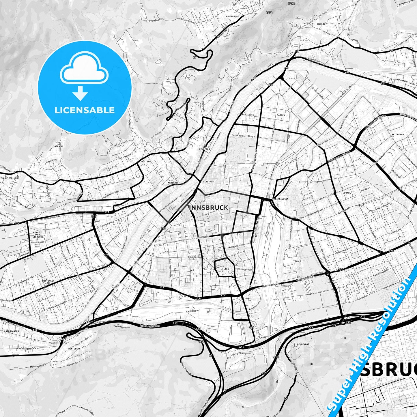 Innsbruck, Austria Light Map with Street Names, City Names, and Districts
