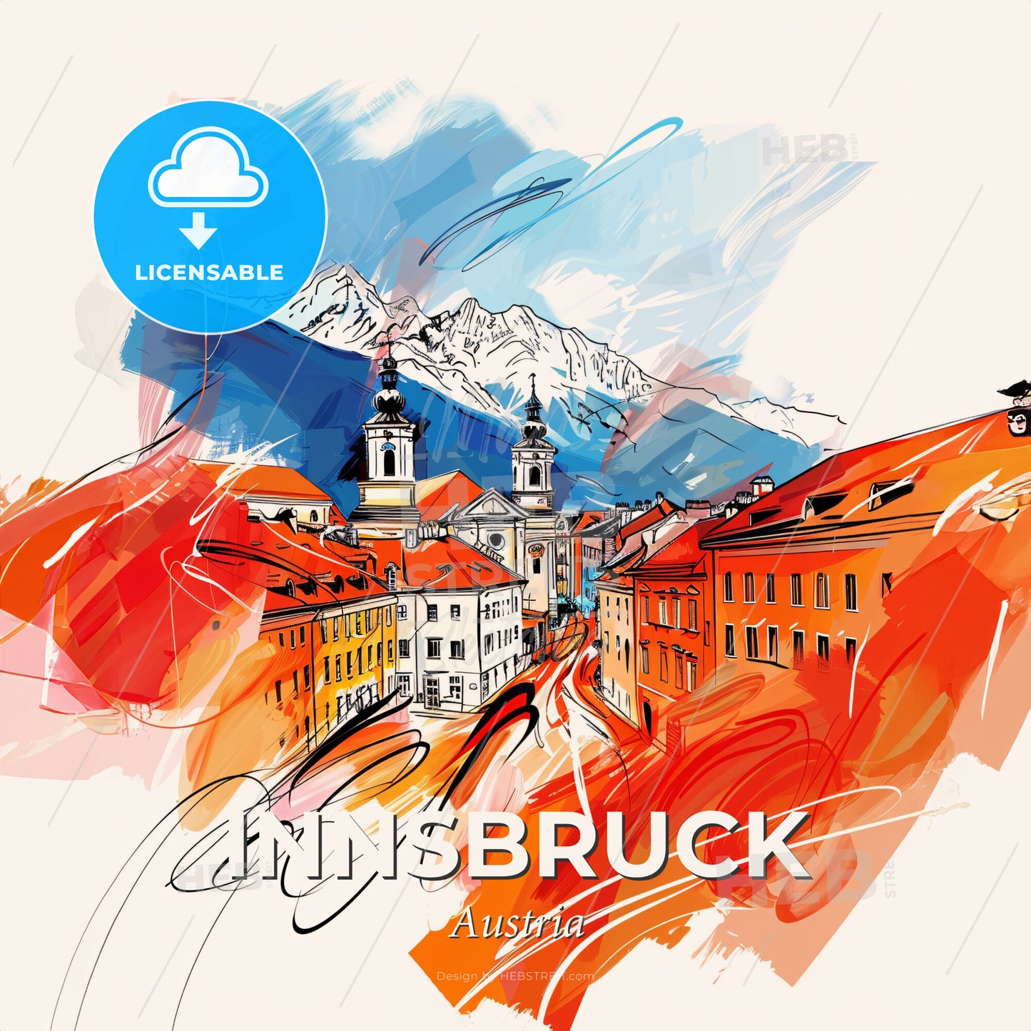 Vibrant Innsbruck, Austria - A Painting Of A Town With A Mountain In The Background - Square format print template
