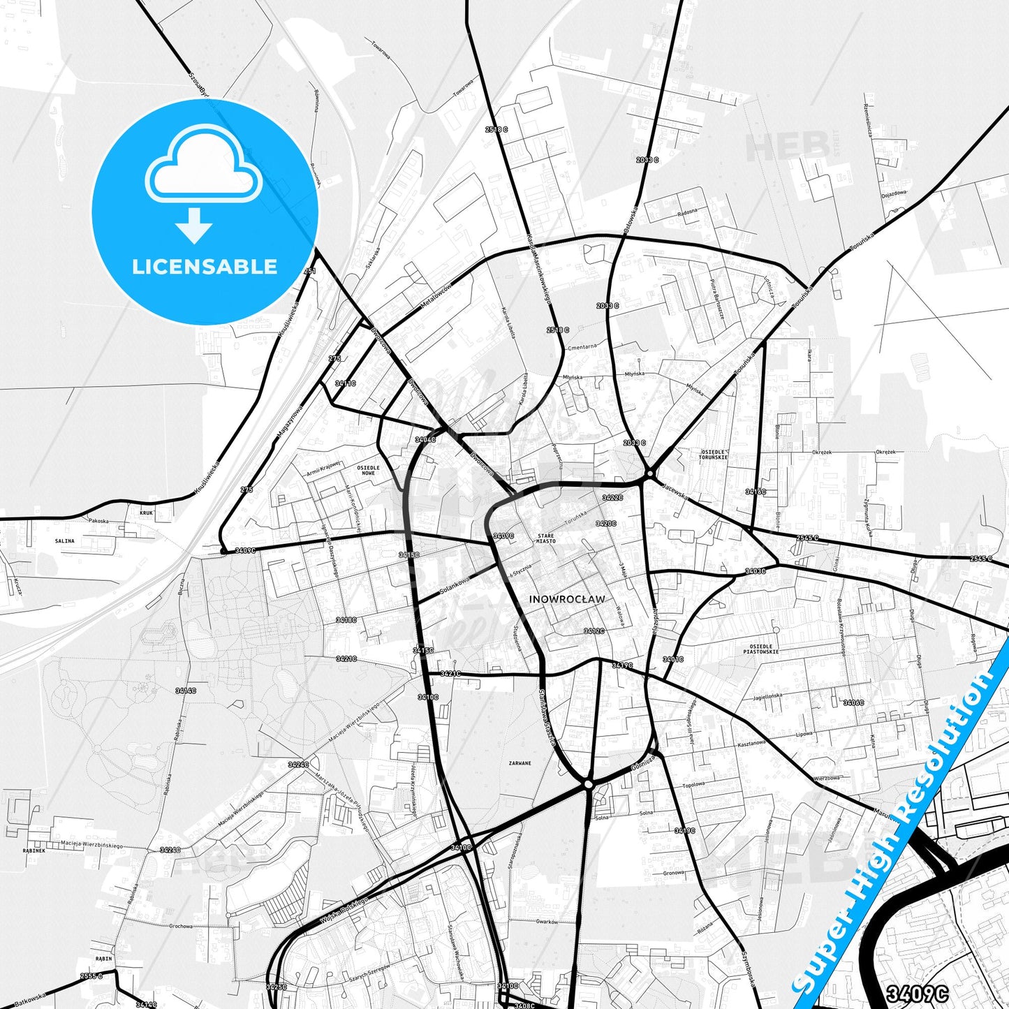 Inowrocław, Poland Light Map with Street Names, City Names, and Districts