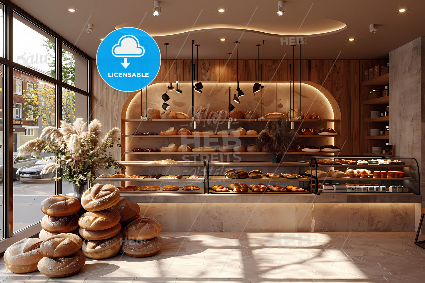 Bakery design with a vibrant painting, featuring modern and classy interior with abundant bread
