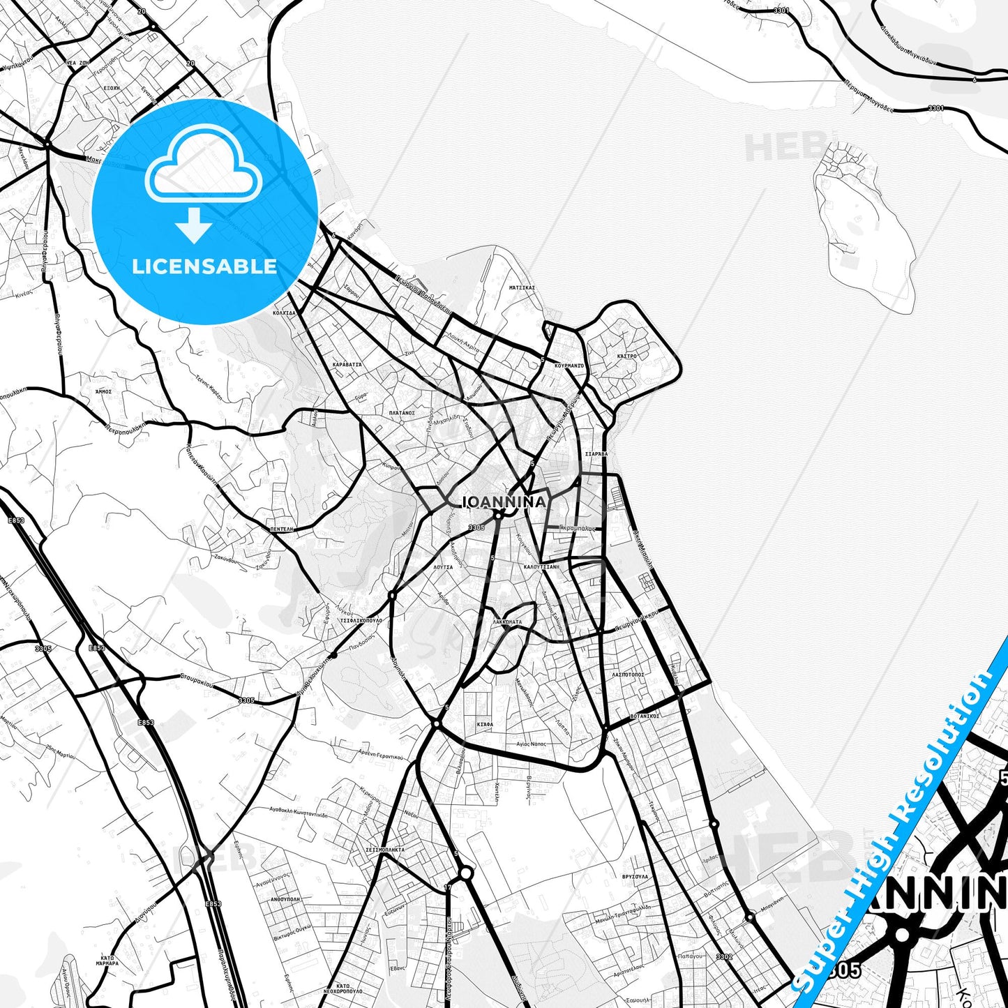 Ioannina, Greece Light Map with Street Names, City Names, and Districts