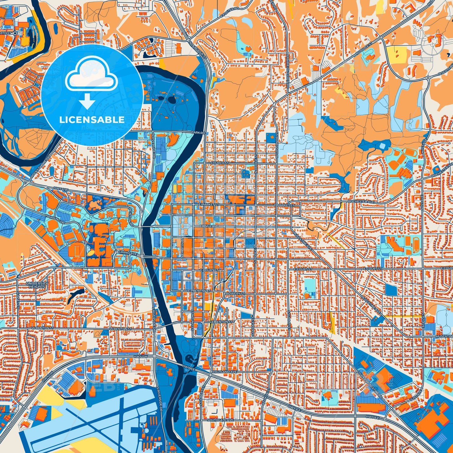 Colorful Iowa City Street Map with Labels and Buildings