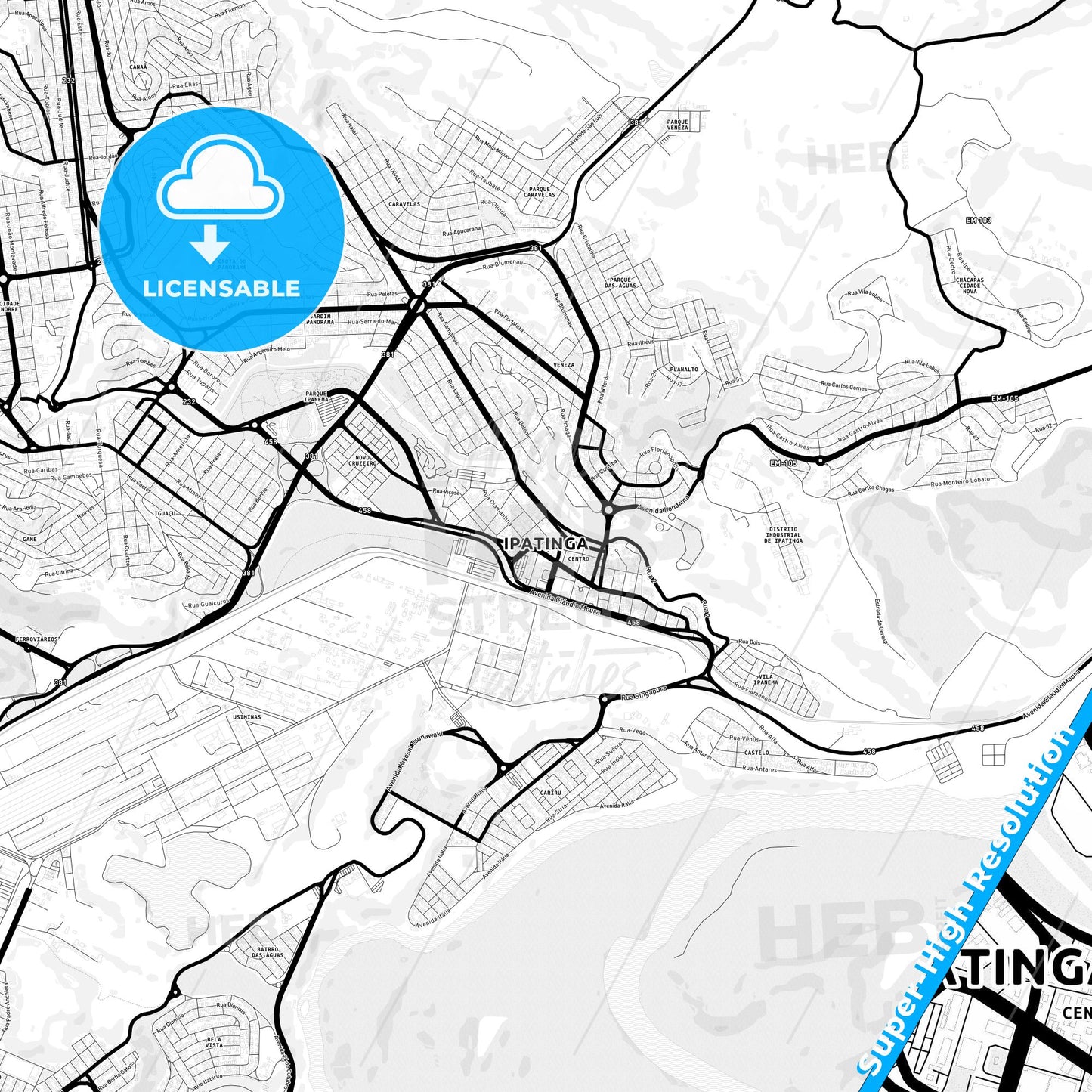 Ipatinga, Brazil Light Map with Street Names, City Names, and Districts