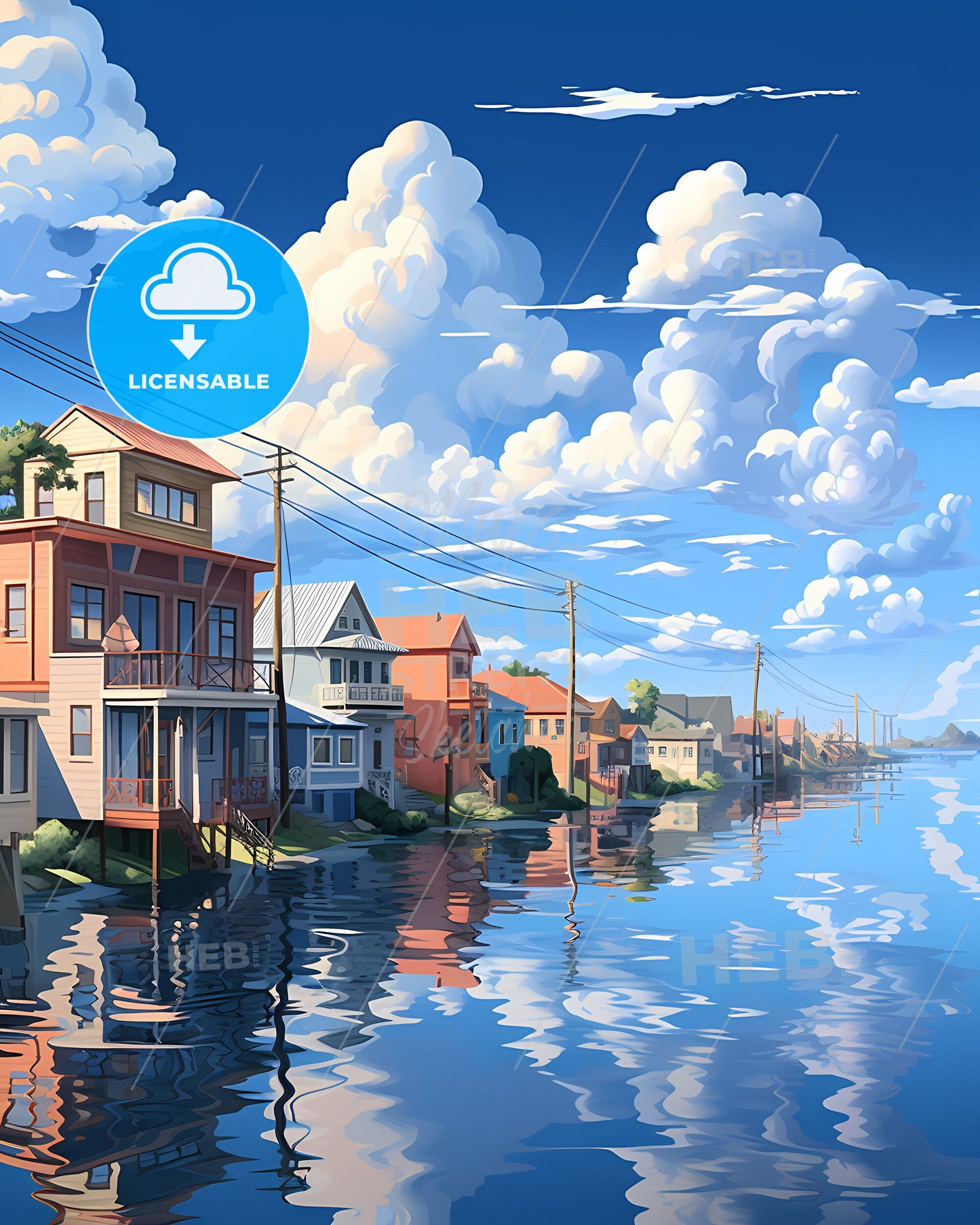 Vibrant Peruvian Artwork Depicting Colorful Row Houses on Water, Iquitos Skyline