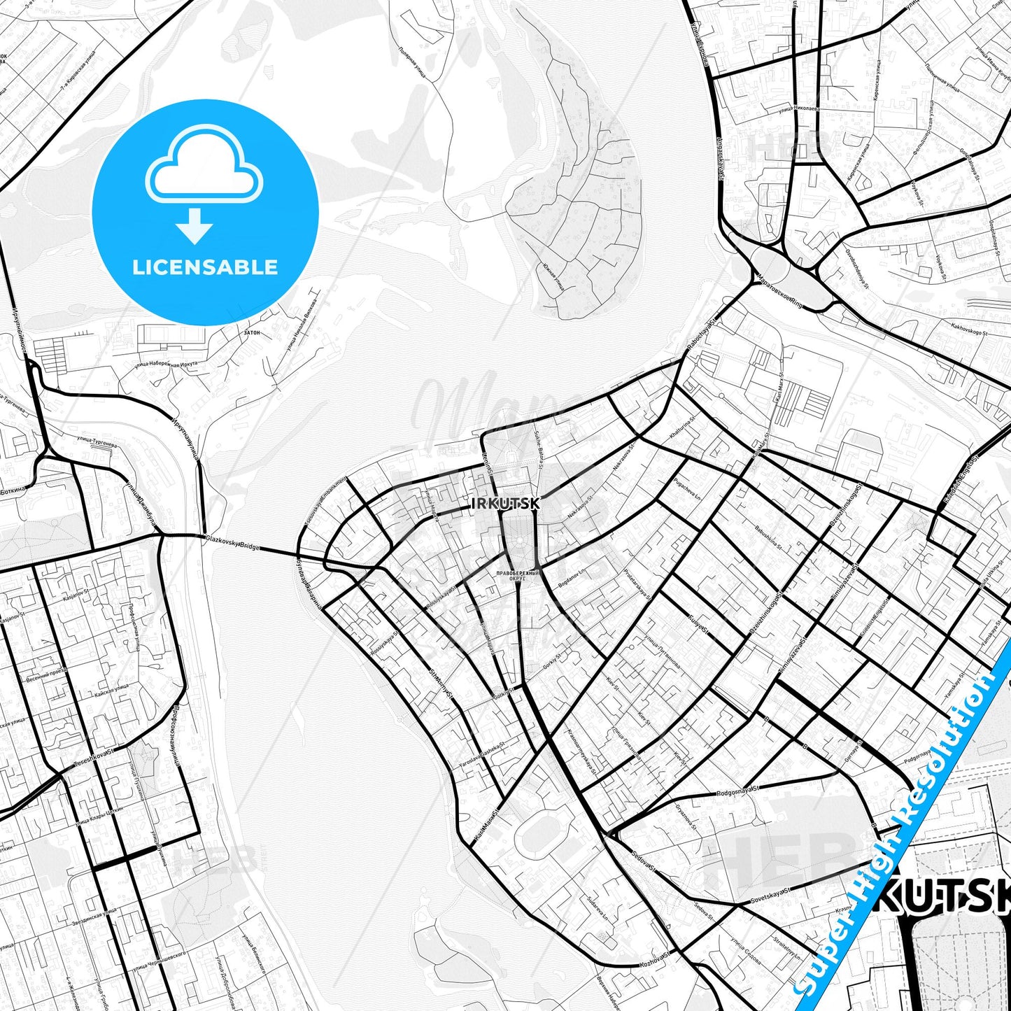 Irkutsk, Russia Light Map with Street Names, City Names, and Districts