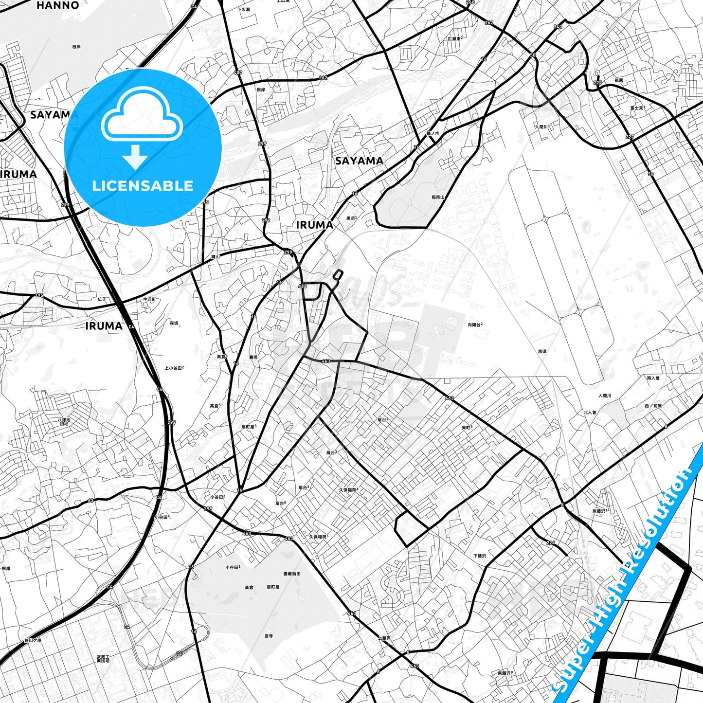 Iruma, Japan Light Map with Street Names, City Names, and Districts