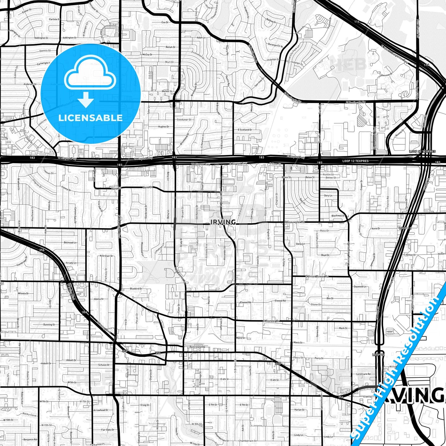 Irving, Texas Light Map with Street Names, City Names, and Districts