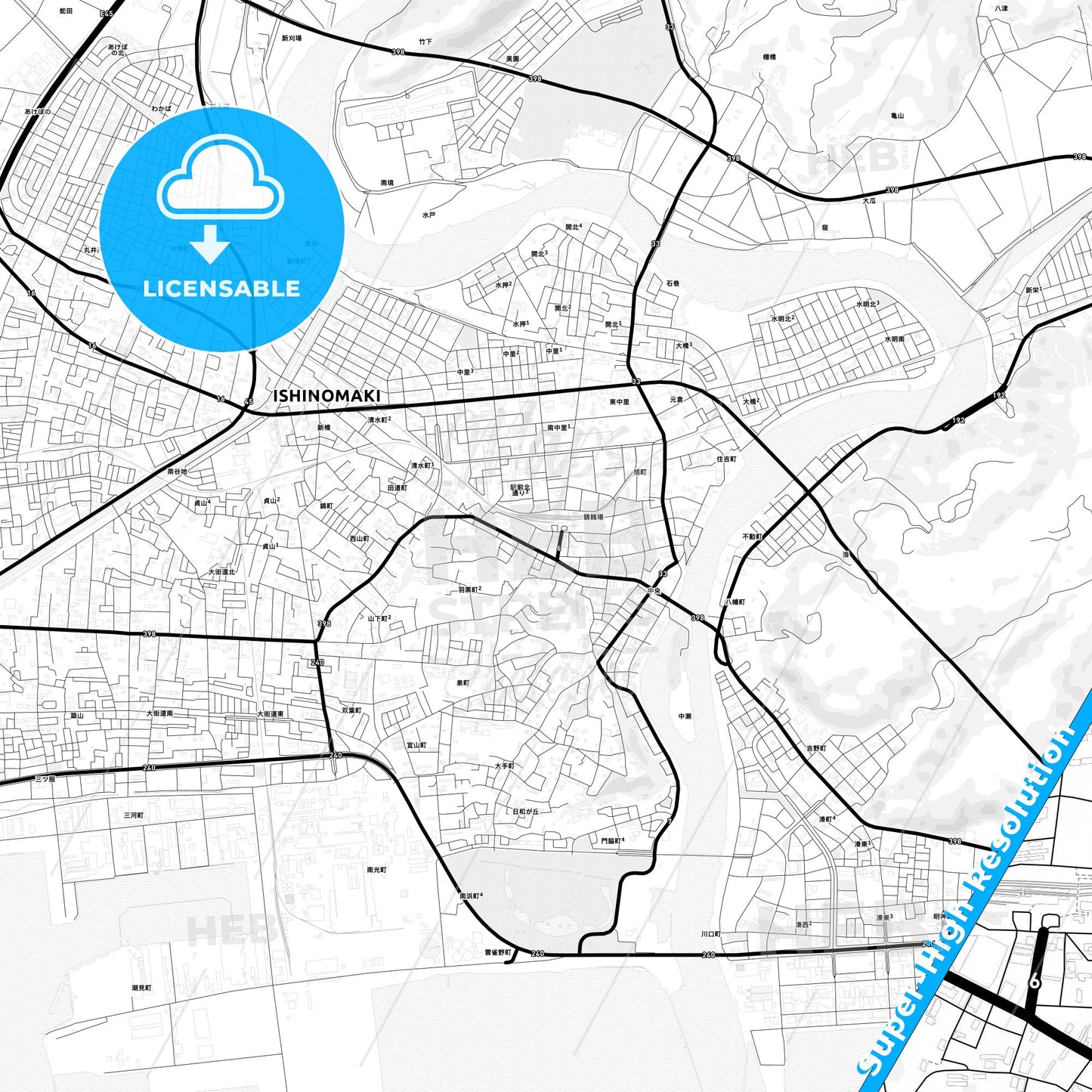 Ishinomaki, Japan Light Map with Street Names, City Names, and Districts