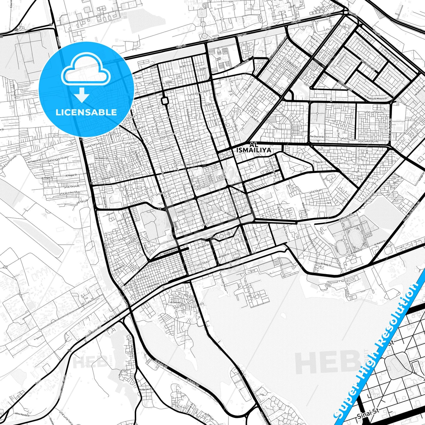 Ismailia, Egypt Light Map with Street Names, City Names, and Districts