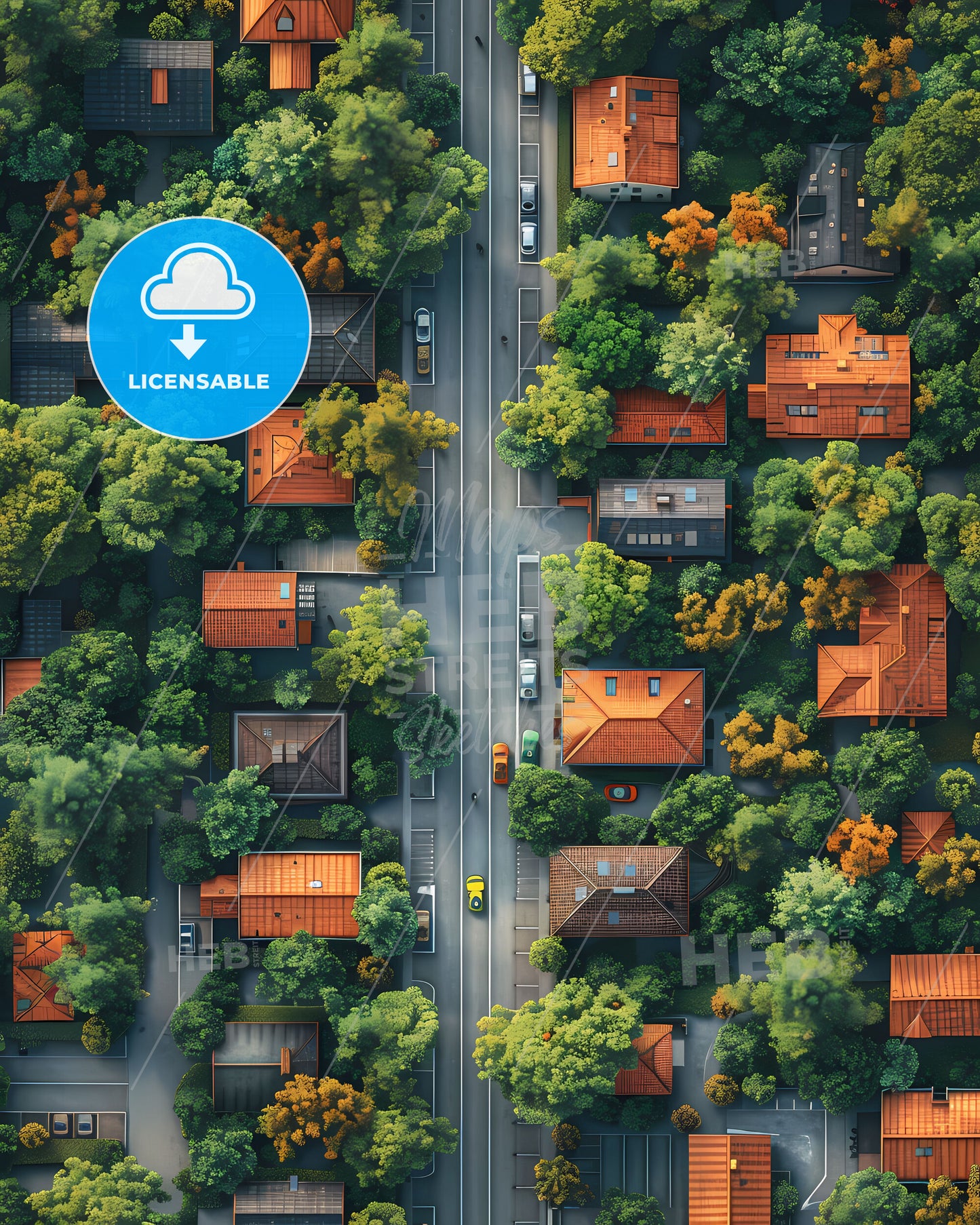 Artistic Isometric Cityscape: Vibrant Aerial View with Architectural Detail and Foliage