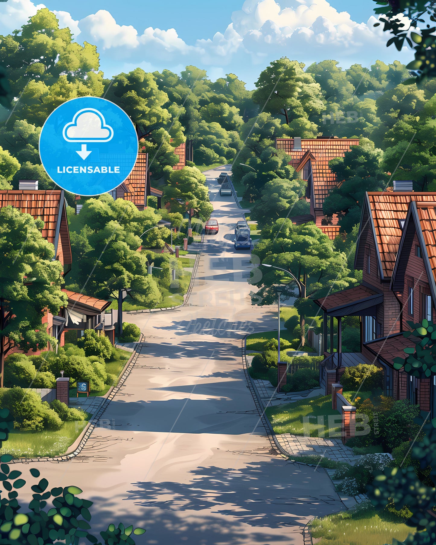 Modern isometric city map, aerial view of urban area with houses, trees, roads, and buildings