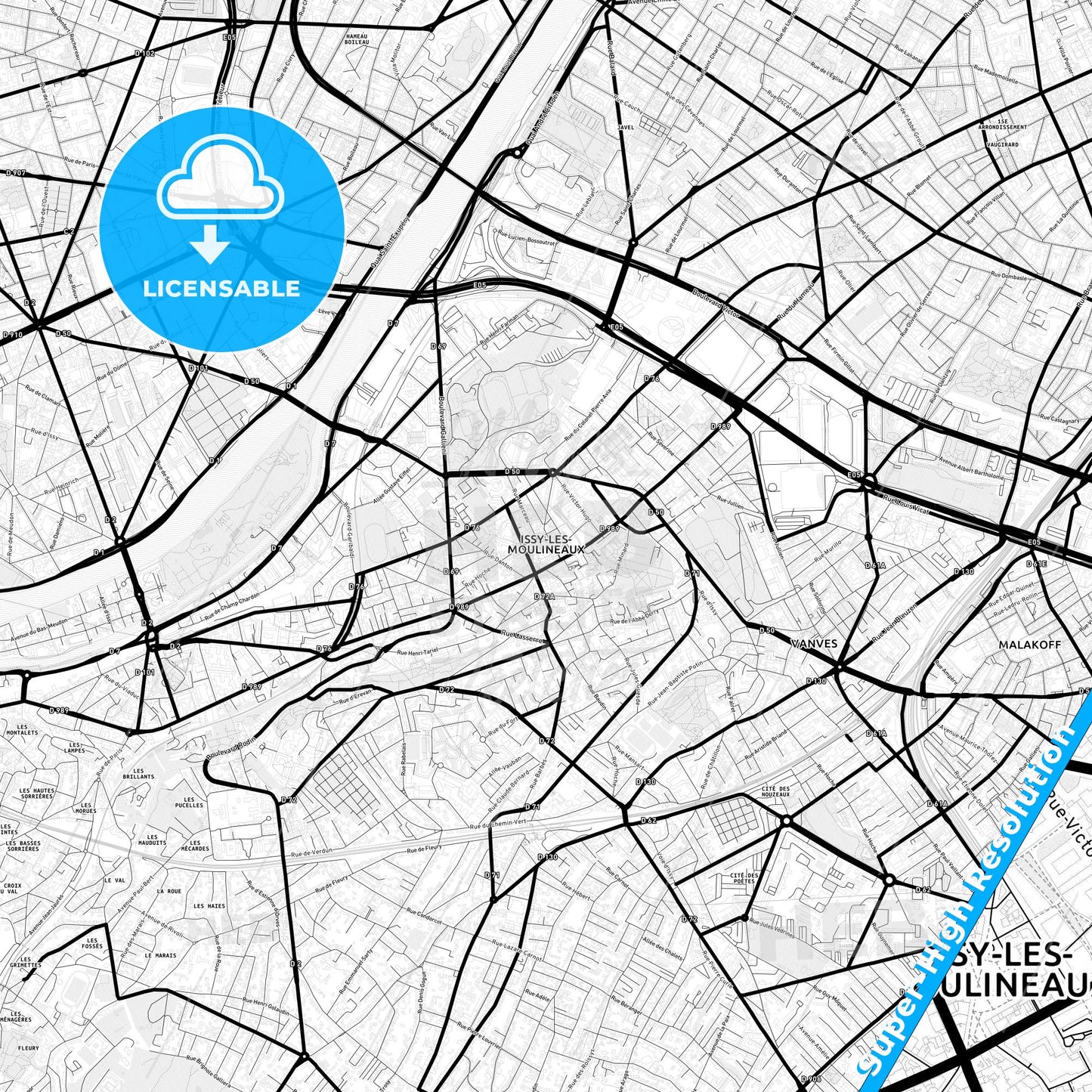 Issy-les-Moulineaux, France Light Map with Street Names, City Names, and Districts