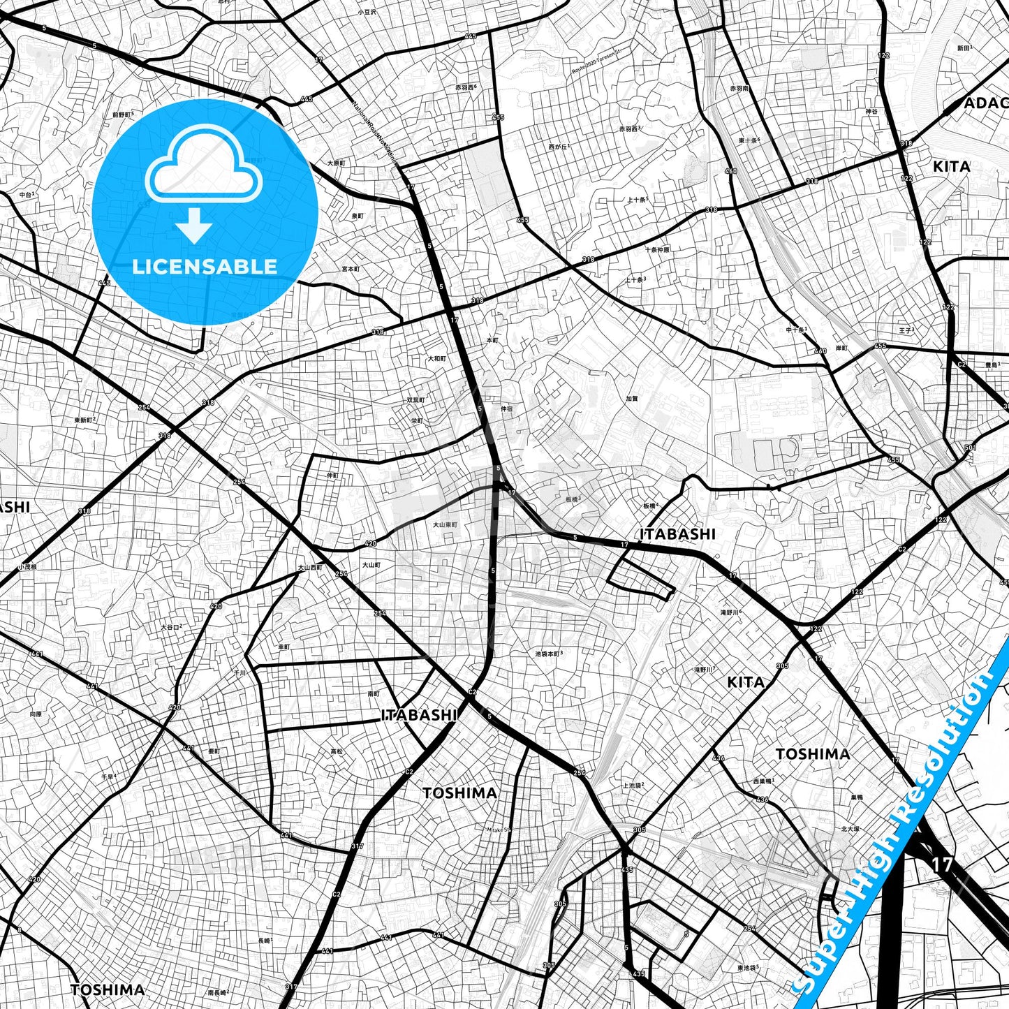 Itabashi, Japan Light Map with Street Names, City Names, and Districts