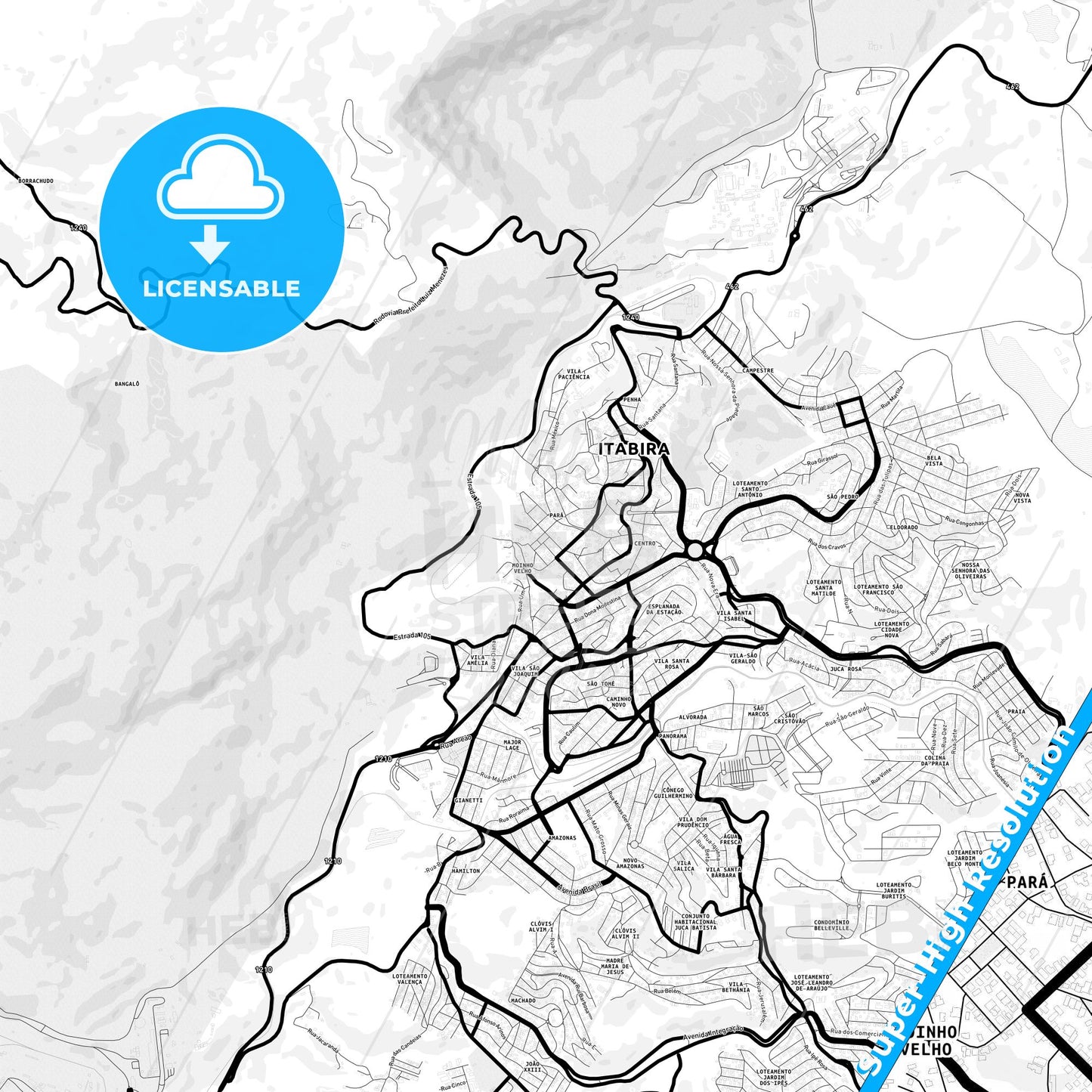 Itabira, Brazil Light Map with Street Names, City Names, and Districts