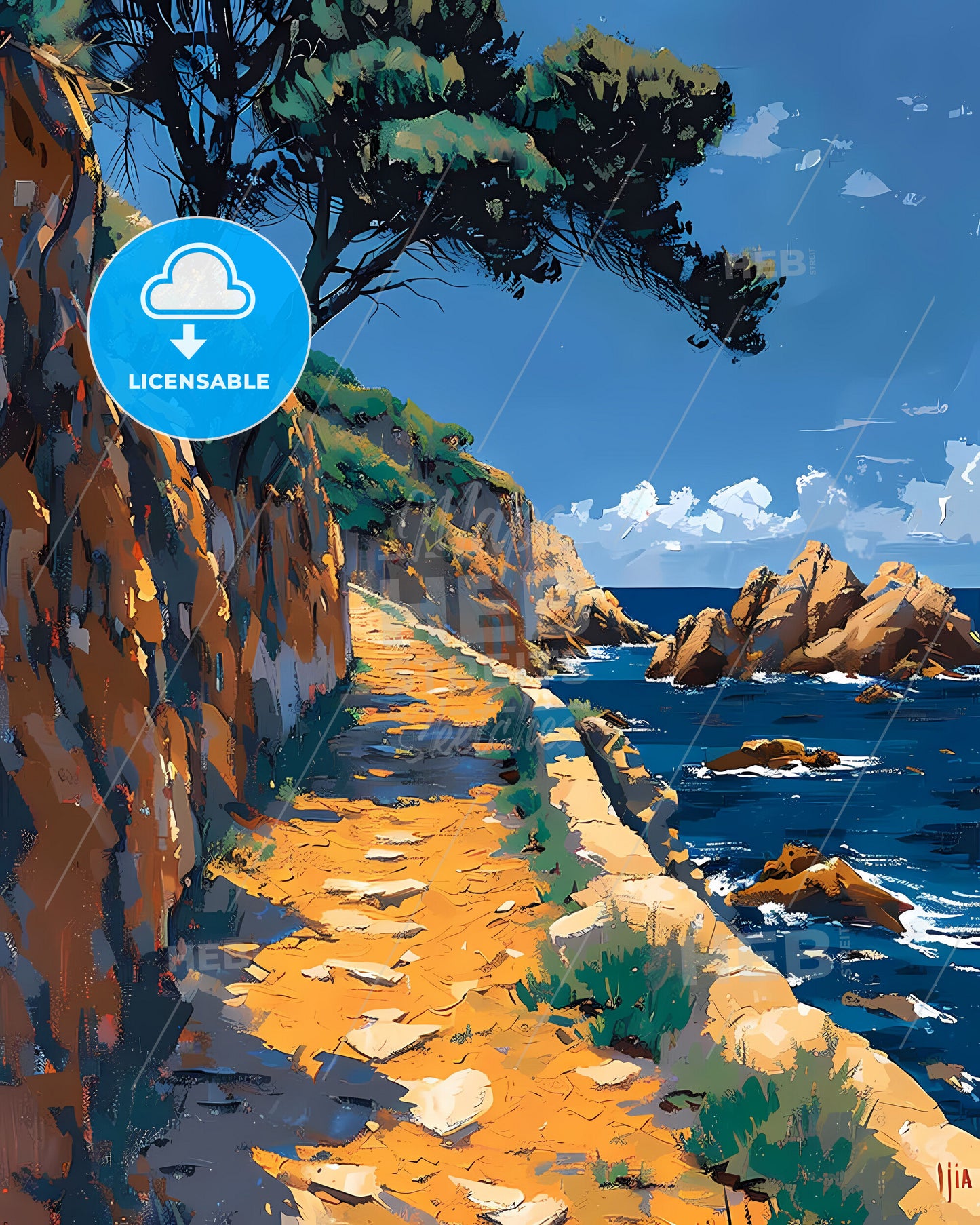 Coastal Cliff Path, Italy, Europe, Fine Art, Vibrant Painting, Ocean, Art, Landscape