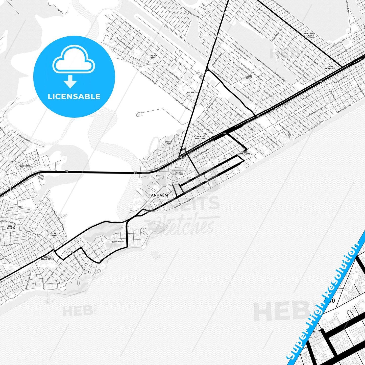 Itanhaem, Brazil Light Map with Street Names, City Names, and Districts