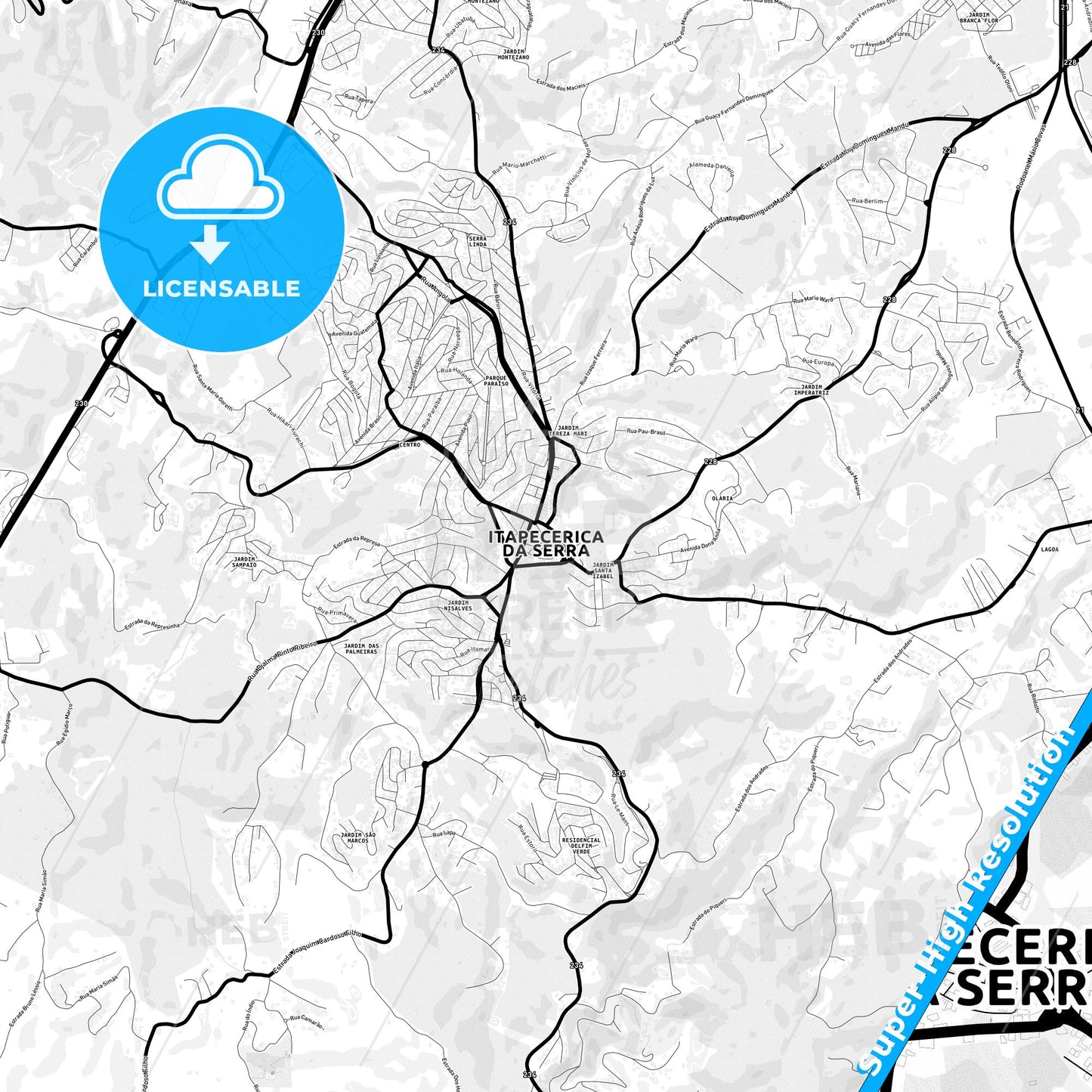 Itapecerica da Serra, Brazil Light Map with Street Names, City Names, and Districts