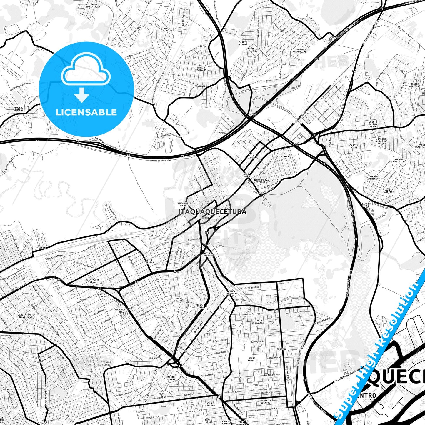 Itaquaquecetuba, Brazil Light Map with Street Names, City Names, and Districts