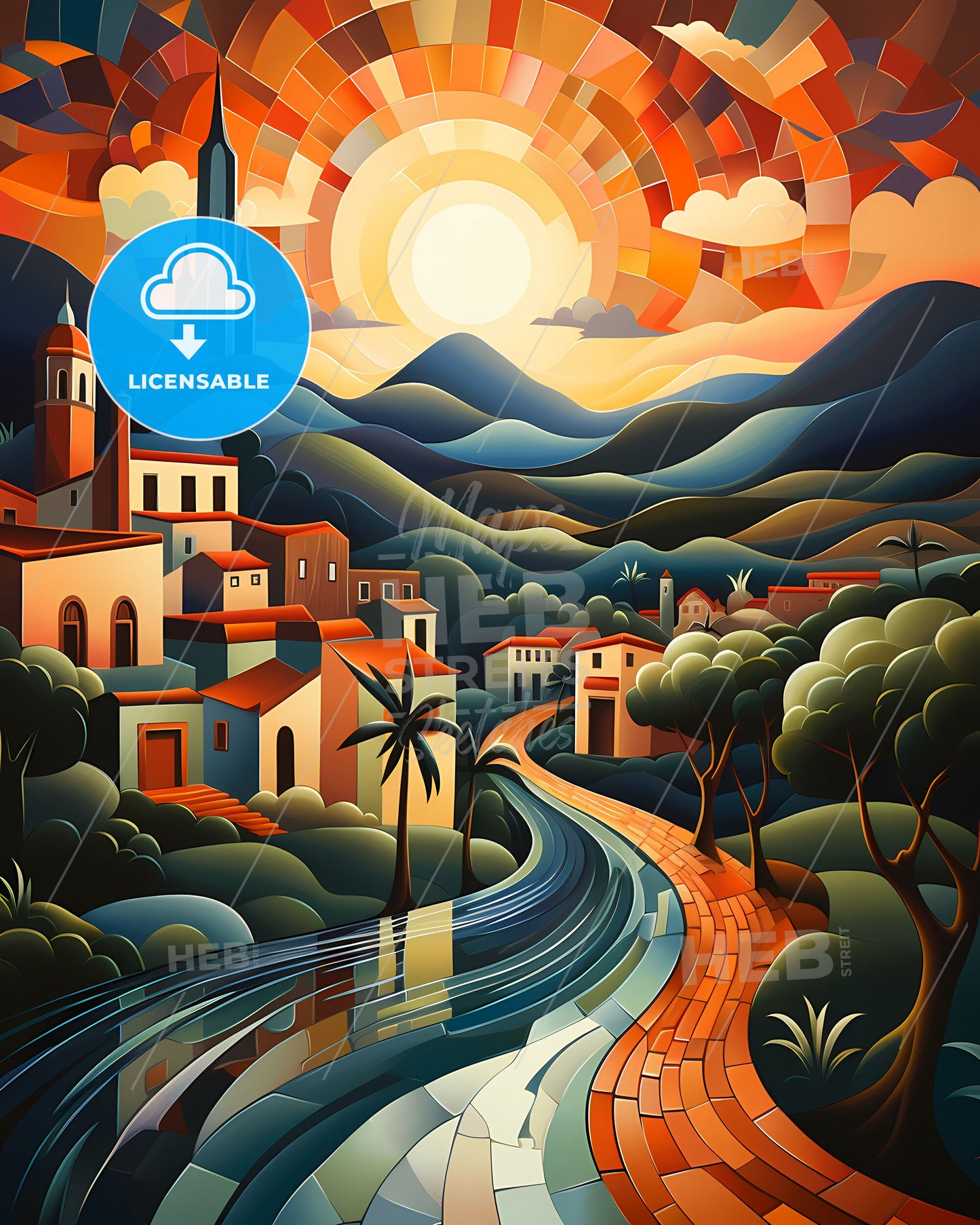 Artistic Painting of Itaquaquecetuba Skyline Featuring Riverbank Scenery and Lush Greenery