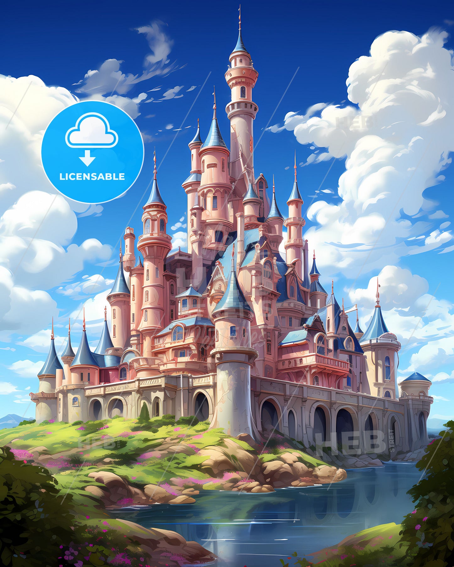 Artistic Impression of Itaquaquecetuba Brazil Skyline with Castle, Water, and Clouds