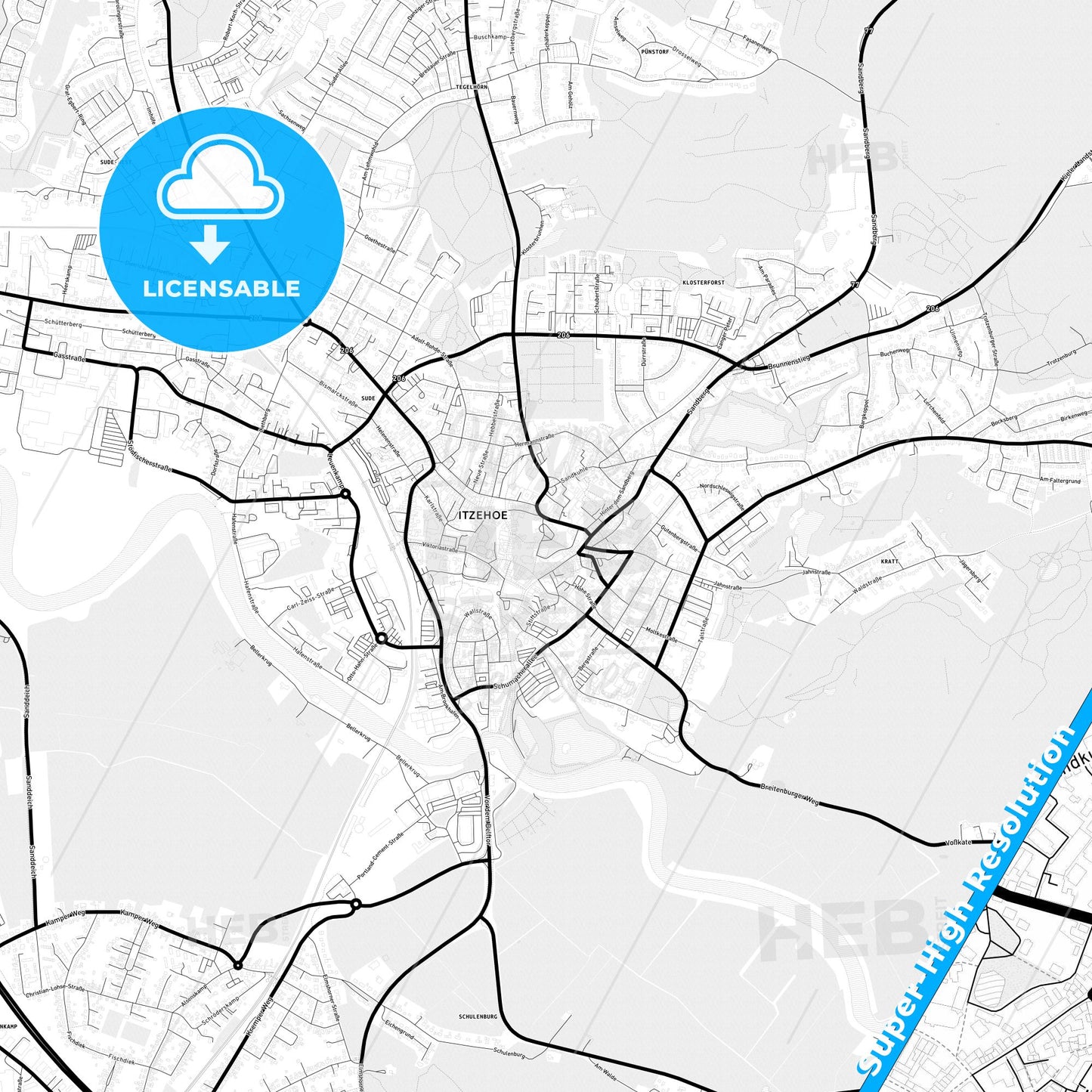 Itzehoe, Germany Light Map with Street Names, City Names, and Districts