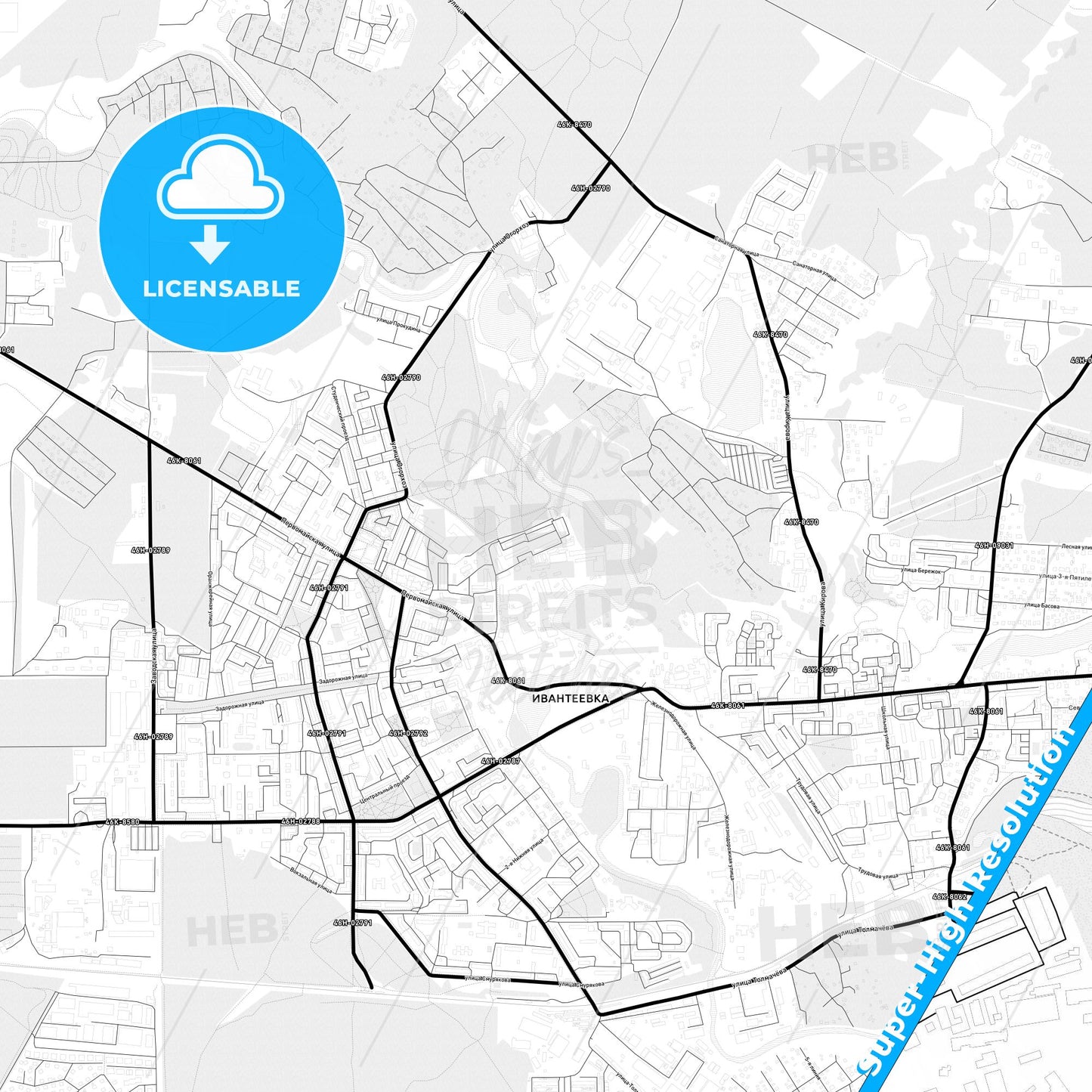 Ivanteyevka, Russia Light Map with Street Names, City Names, and Districts