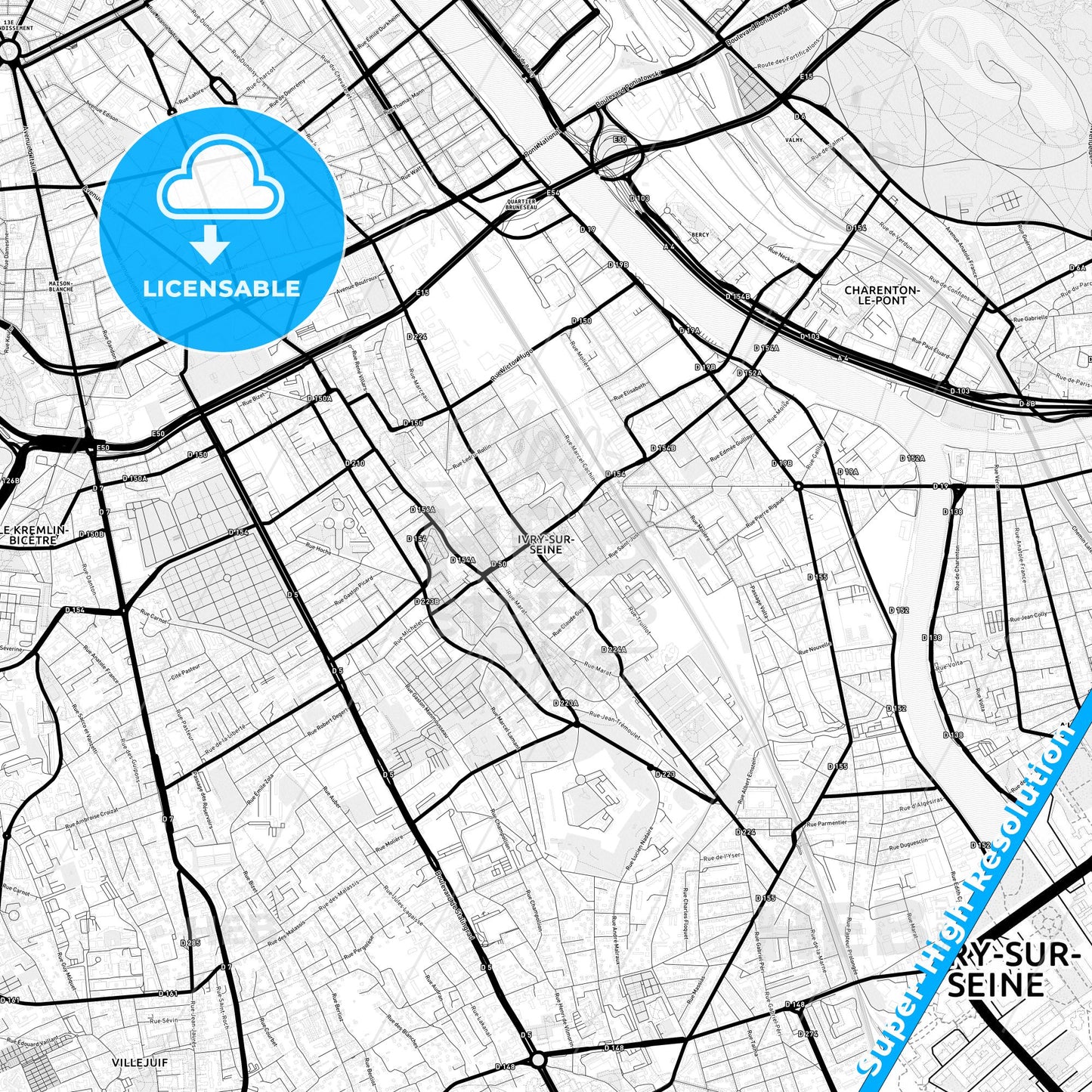 Ivry-sur-Seine, France Light Map with Street Names, City Names, and Districts