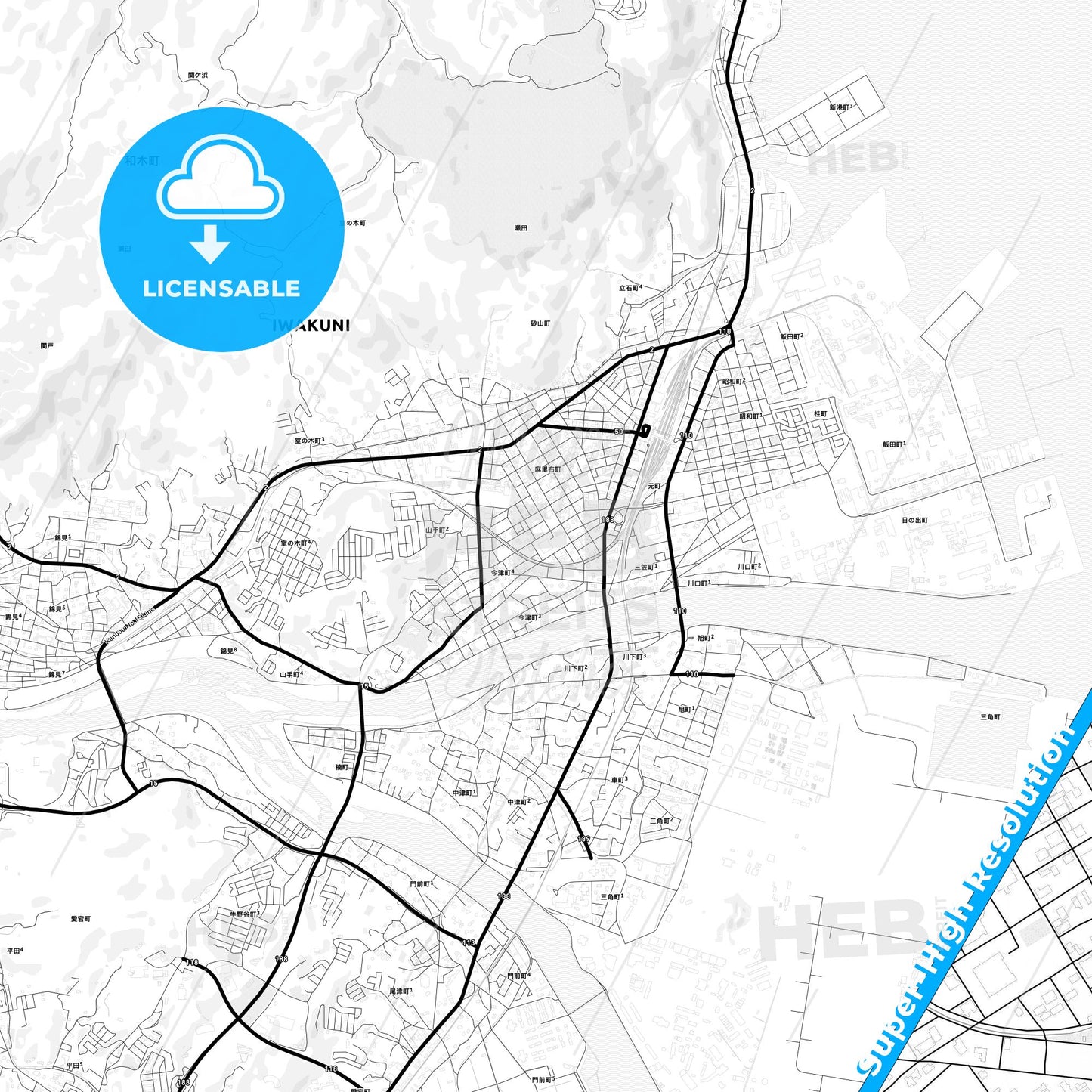 Iwakuni, Japan Light Map with Street Names, City Names, and Districts