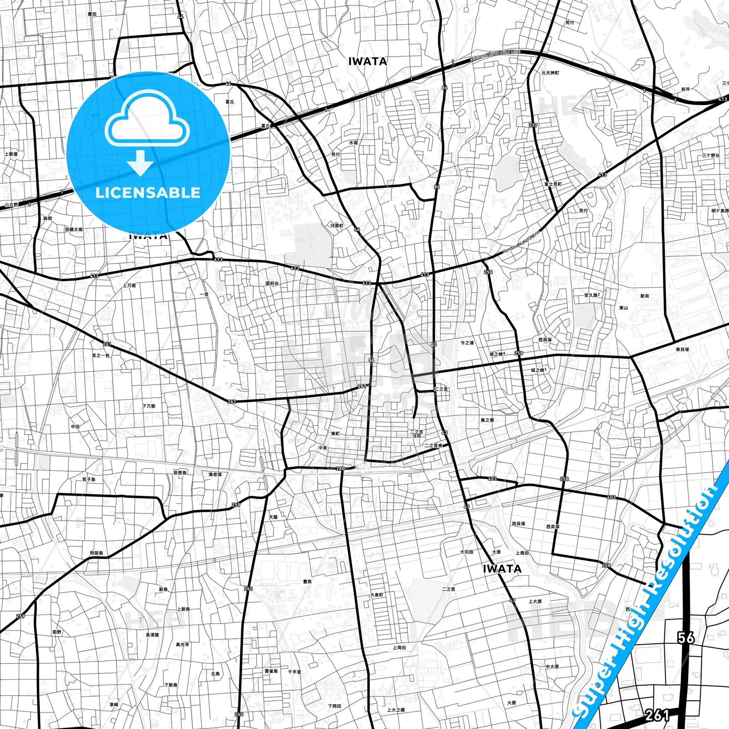 Iwata, Japan Light Map with Street Names, City Names, and Districts