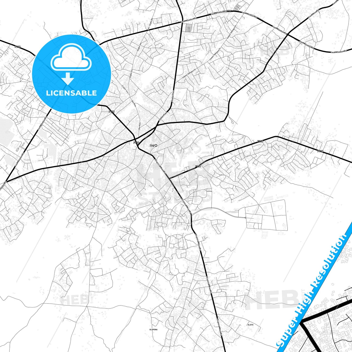 Iwo, Nigeria Light Map with Street Names, City Names, and Districts