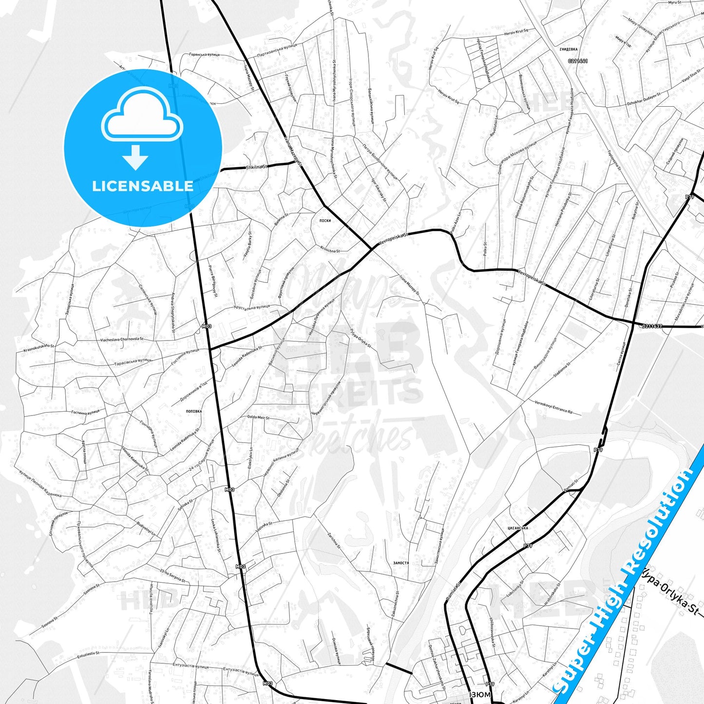 Izium, Ukraine Light Map with Street Names, City Names, and Districts